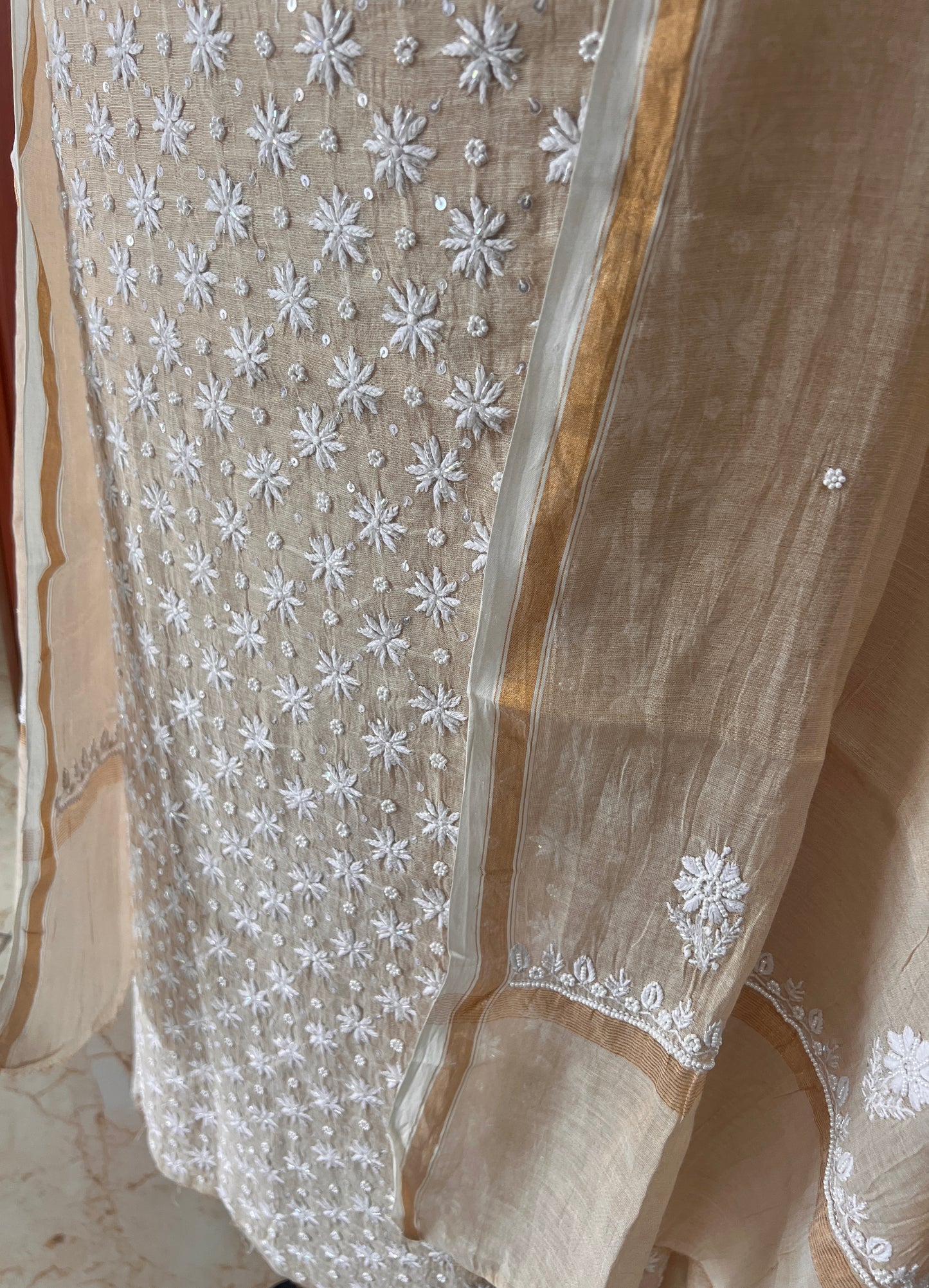Pure Tissue Chikankari and pearl embroidered kurta and dupatta