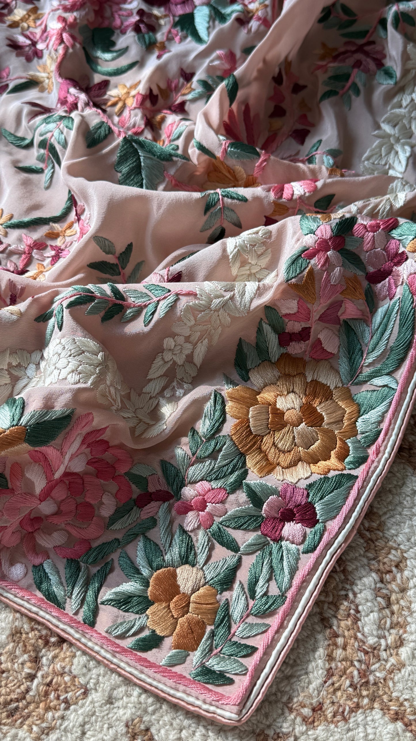 Blush Peach floral Masterpiece Parsi Gara Pure Crepe Saree