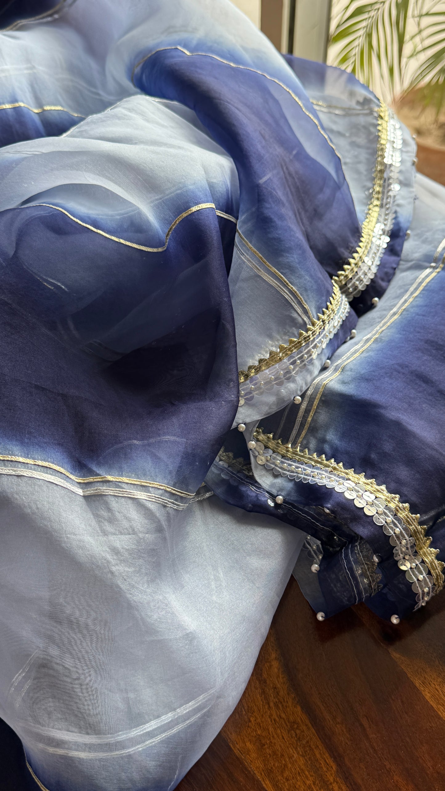Ruhani Navy Blue fine Chikankari pure Organza kurta with dupatta