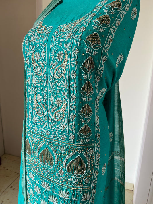 Moonga Silk Chikankari golden cut dana sequins kurta and dupatta