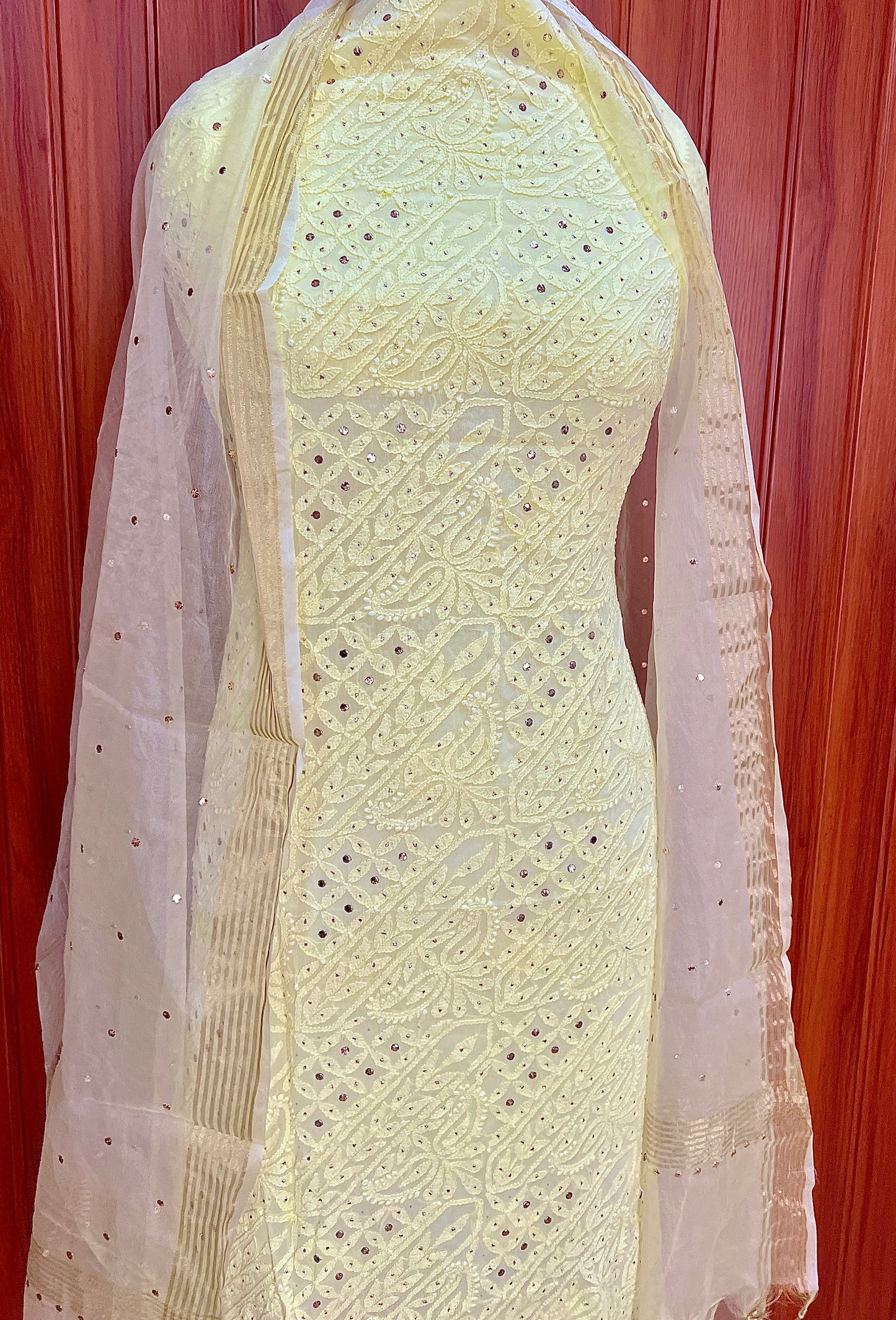 Lemon Chikankari and mukaish kurta with organza dupatta