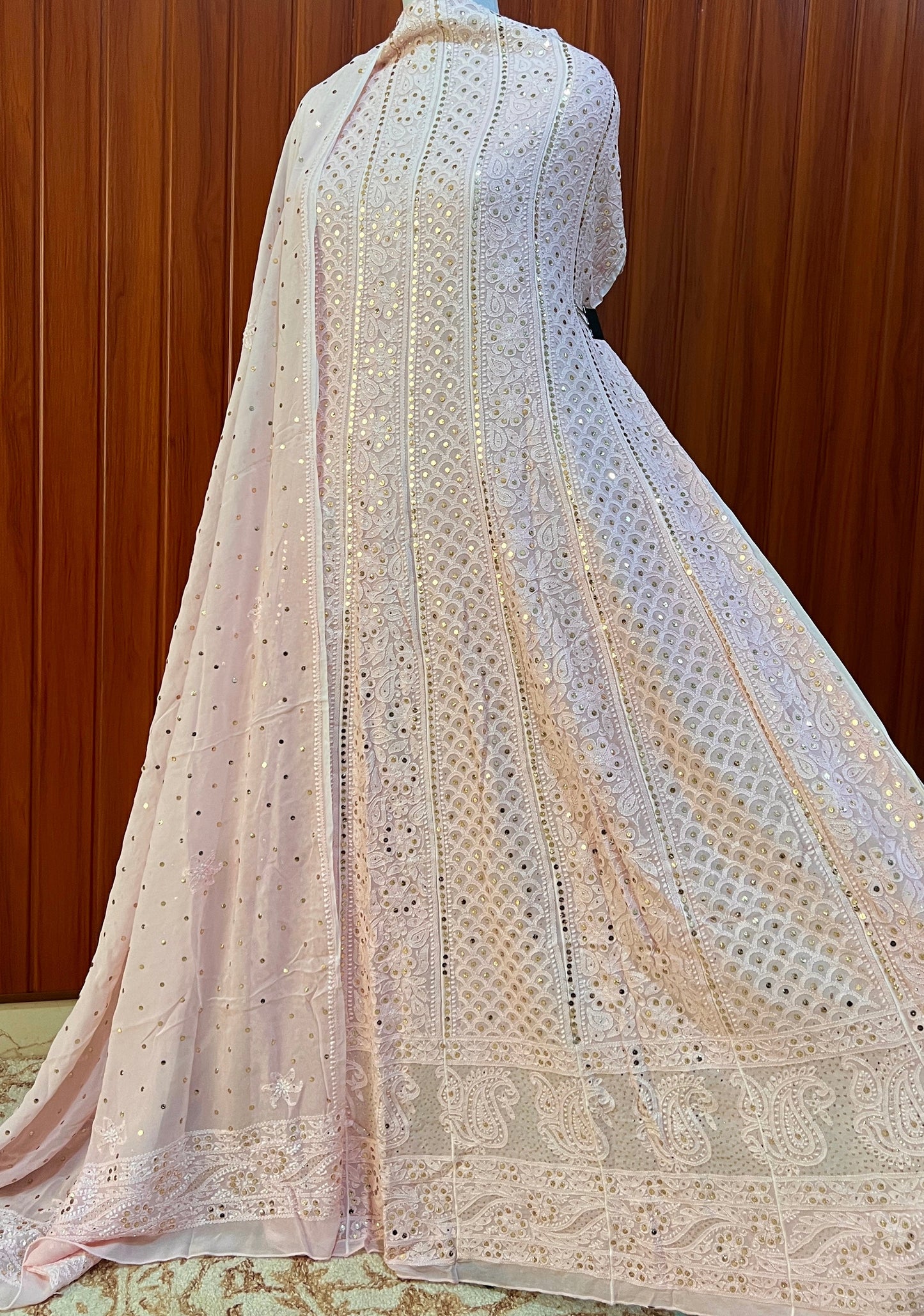 Light pink allover Chikankari and mukaish anarkali with dupatta