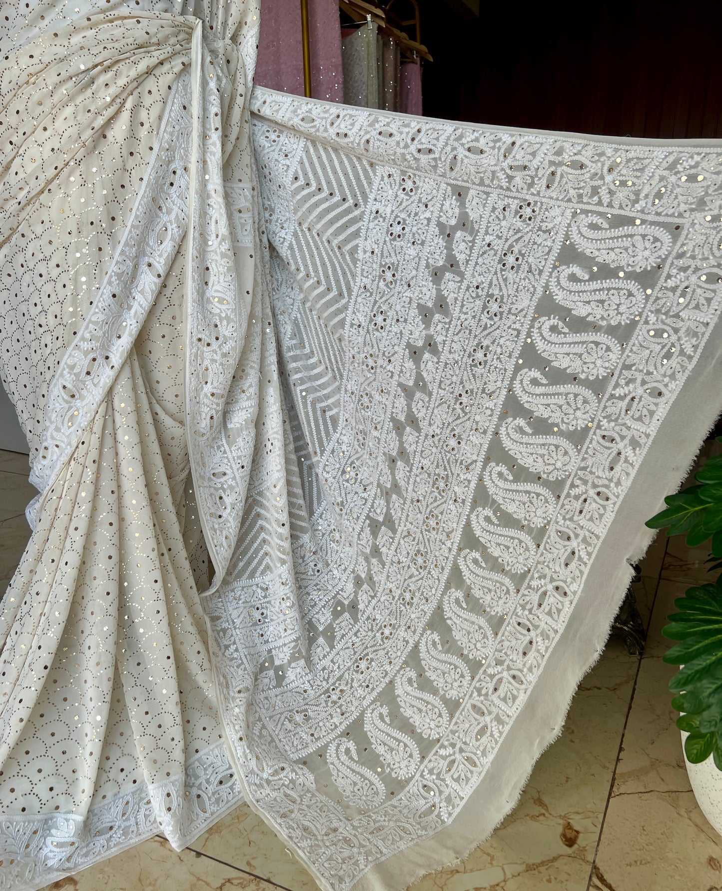 Ruhani Ivory Allover Designer Mukaish and Chikankari Saree