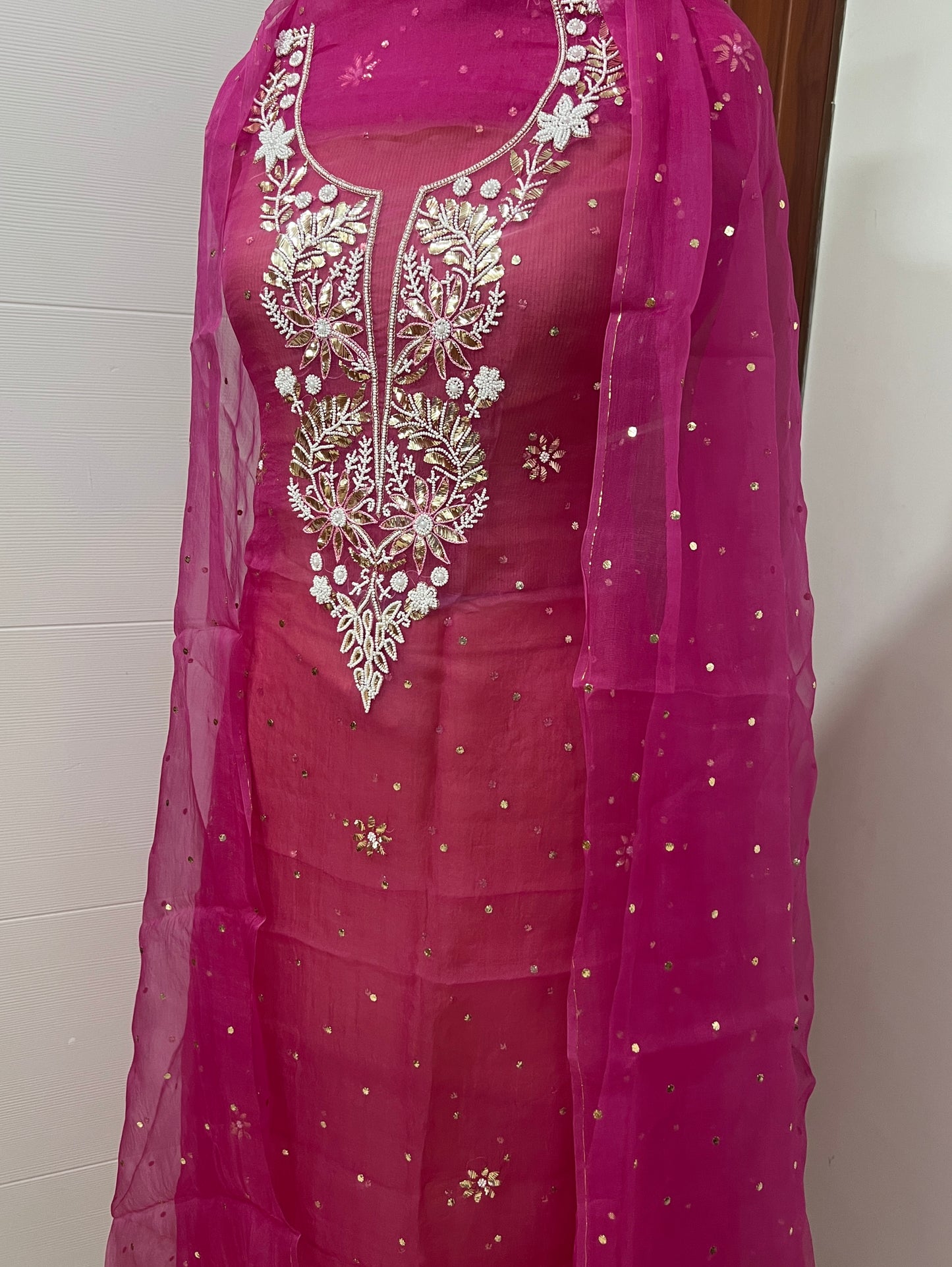 Hot Pink Badla and Mukaish work pure Organza kurta with dupatta