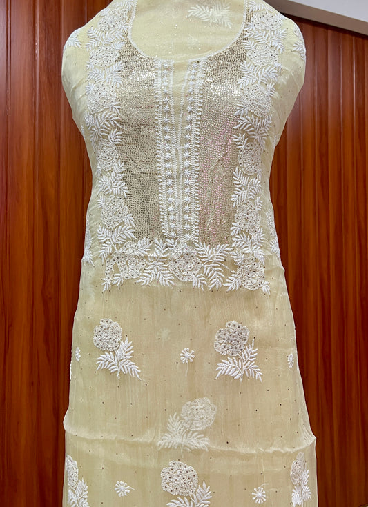 Lemon yellow Chikankari and mukaish work pure Organza kurta with dupatta