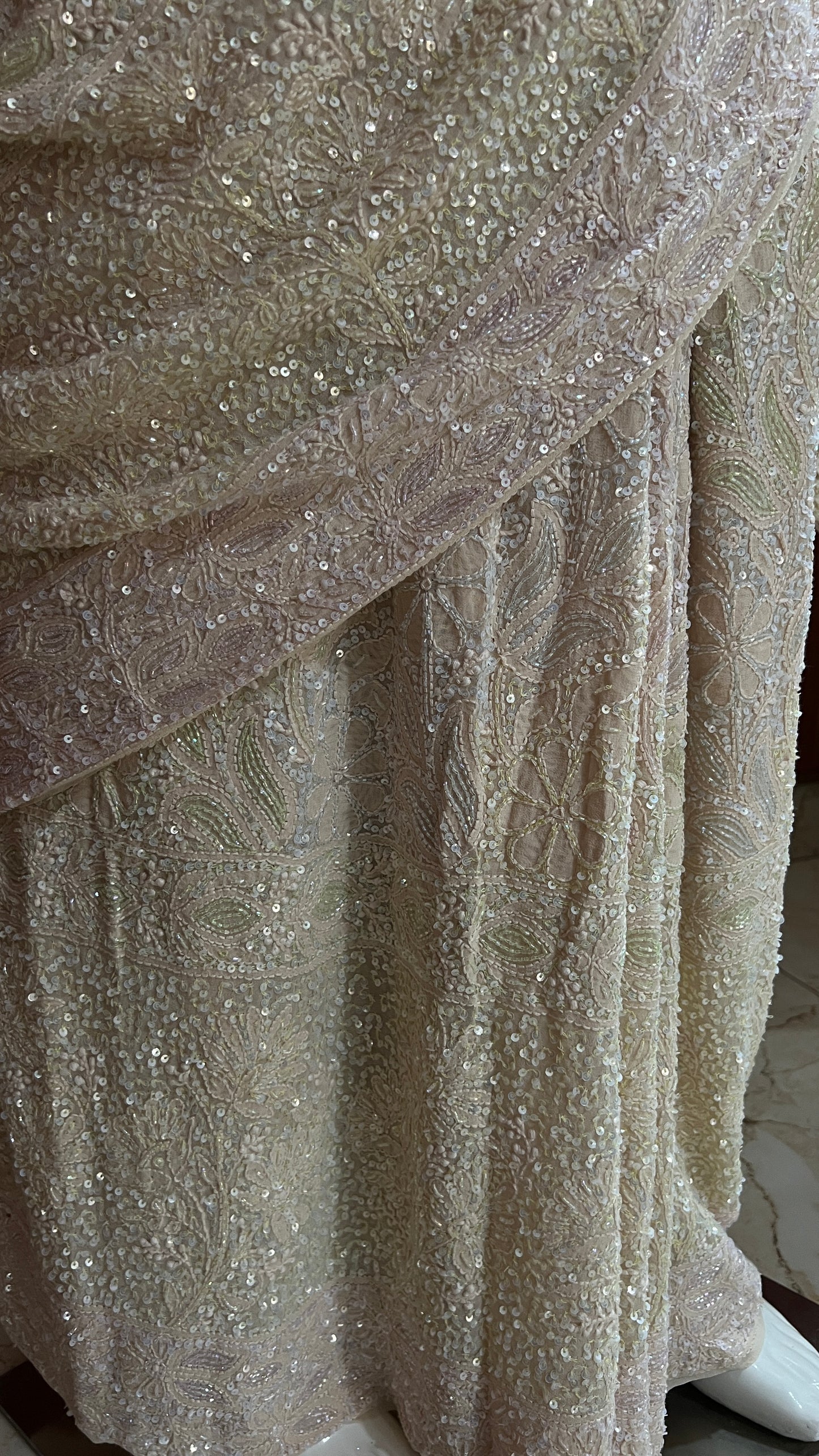 Ruhani Champagne Masterpiece Chikankari and Multicolored Cut Dana Saree