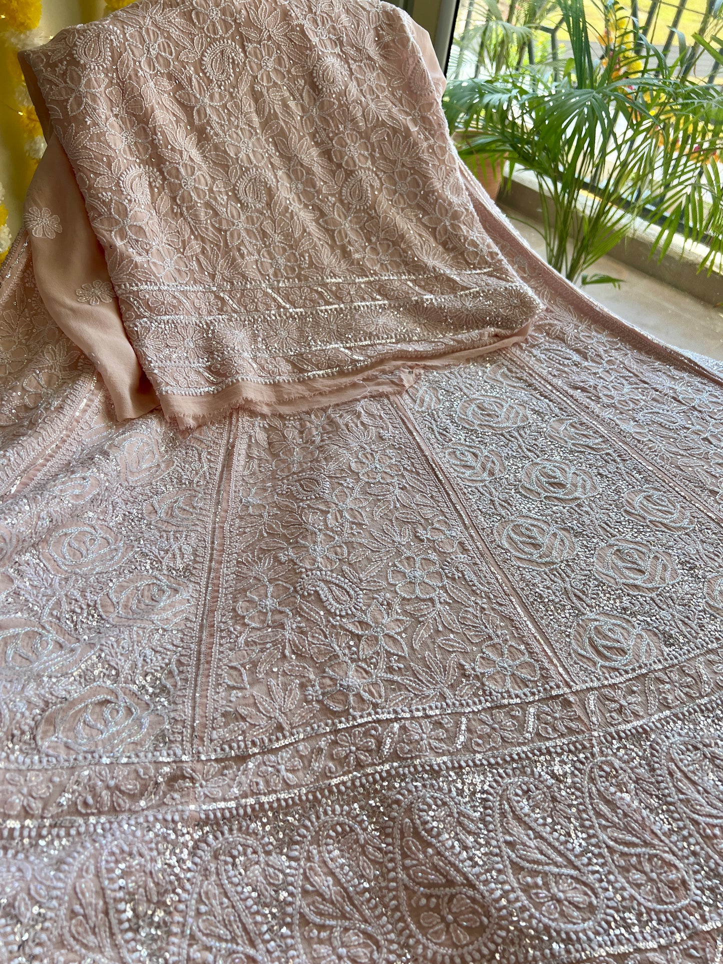 Masterpiece Ruhani Powder Peach Chikankari Sequins Cut Dana Wedding Lehenga