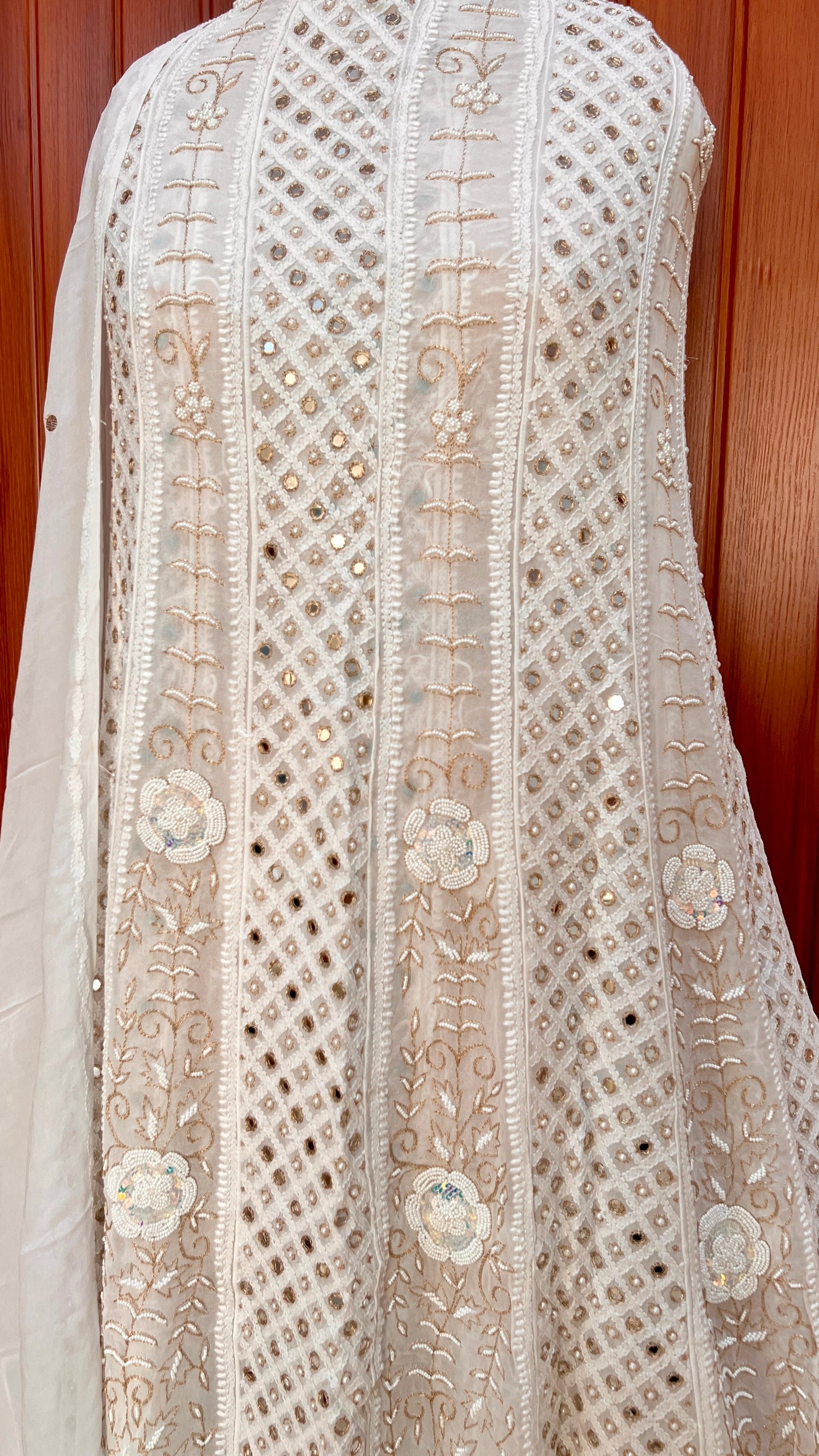 White Chikankari Mirror Gota Patti Pearl Anarkali with Dupatta