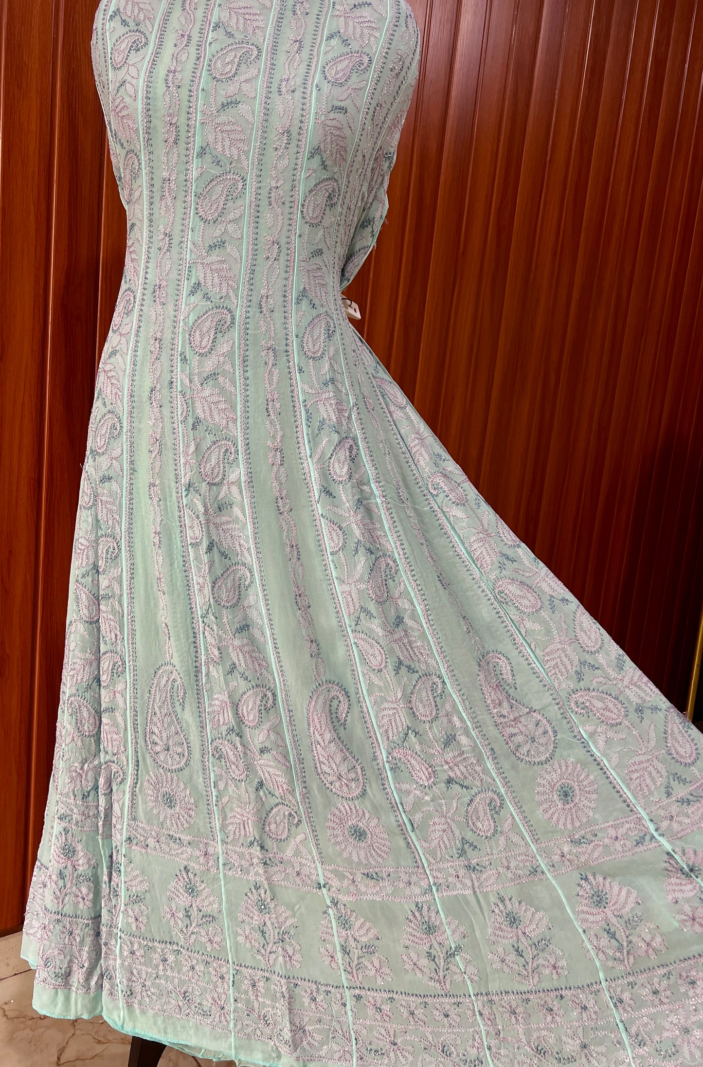 Firozi Resham Chikankari Embroidered Anarkali with Dupatta