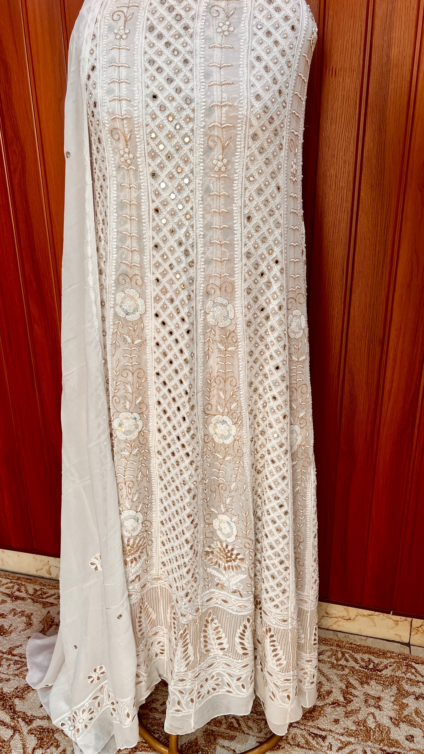 White Chikankari Mirror Gota Patti Pearl Anarkali with Dupatta