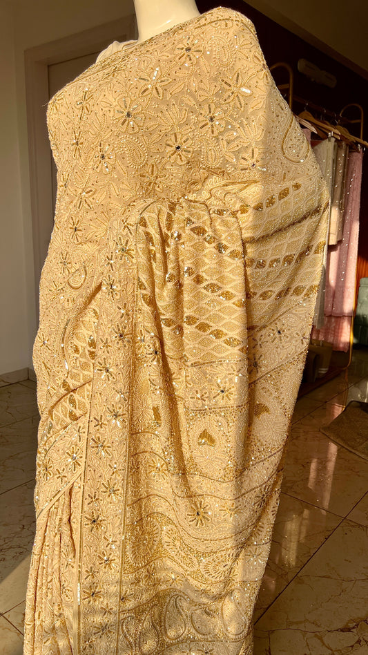 Ruhani Golden Beige Chikankari Sequins Cut Dana Embroidered Masterpiece Saree