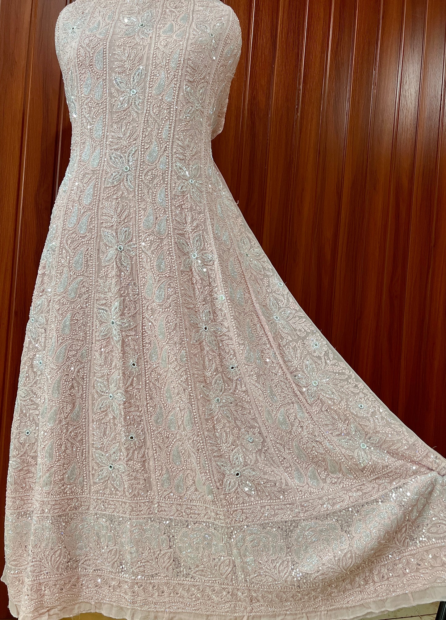 Ruhani Peachy Chikankari Sequins and Cut Dana Anarkali