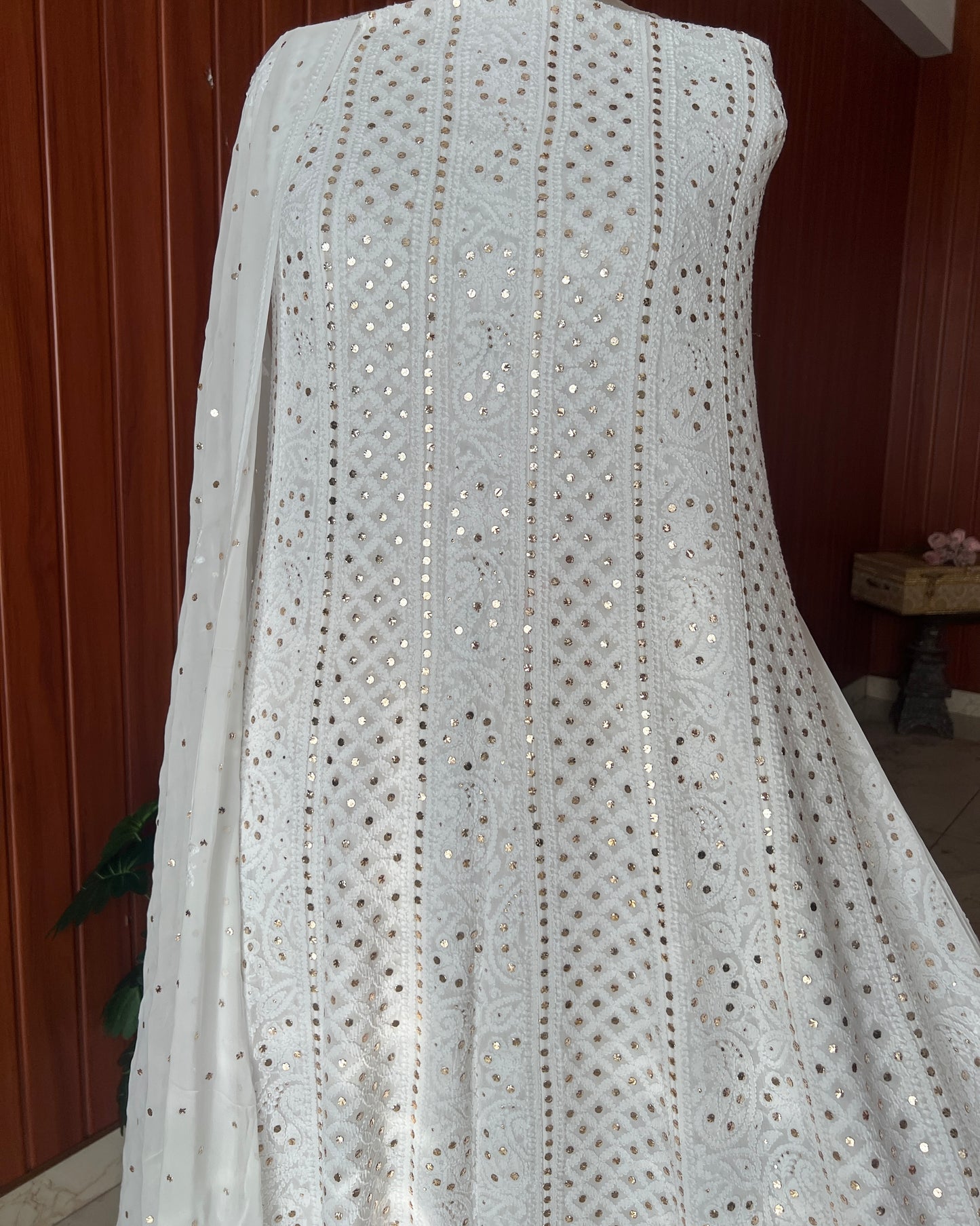 White allover Chikankari and mukaish anarkali with dupatta