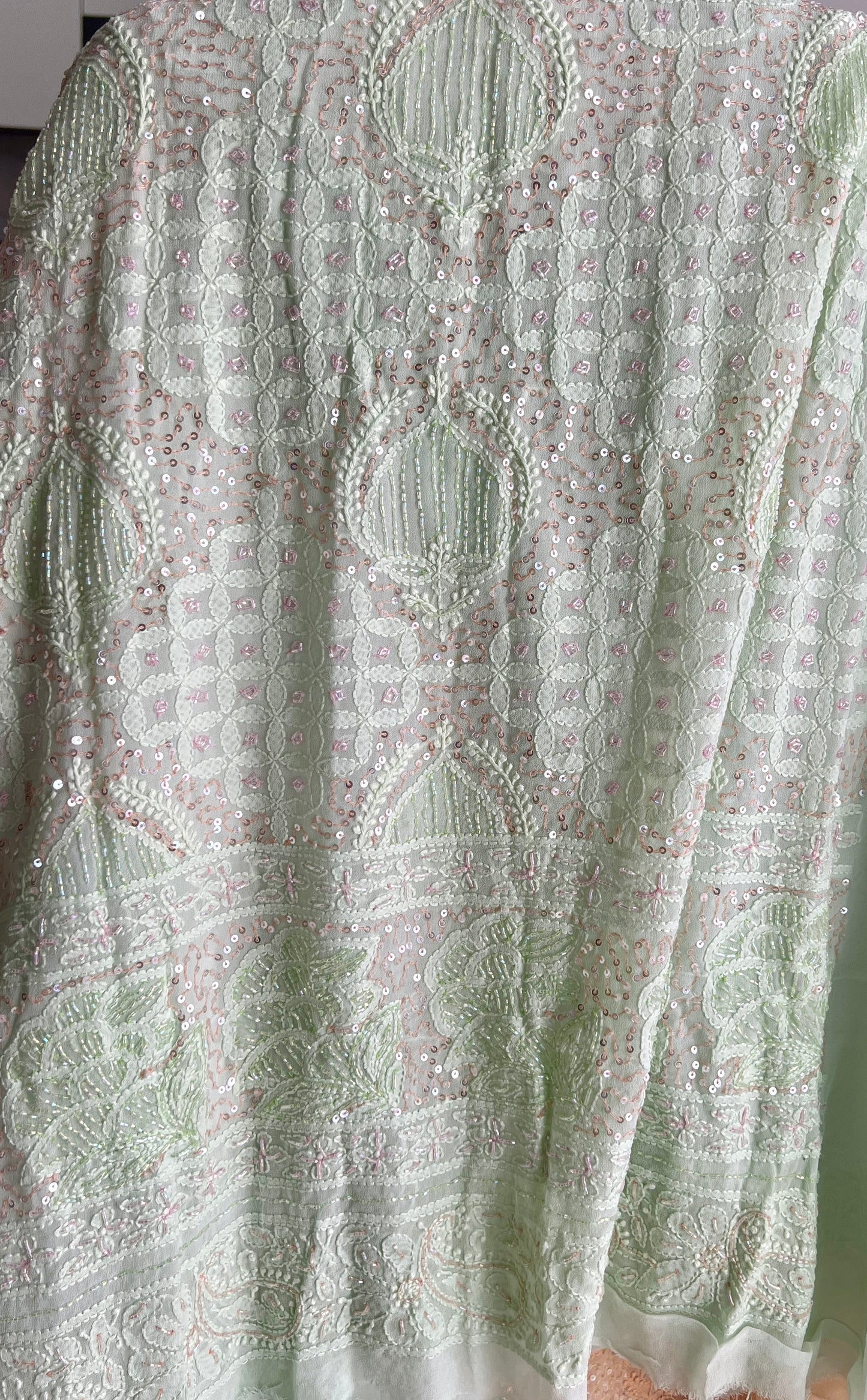 Pastel Green Chikankari Cut Dana and sequins Kurta and Dupatta