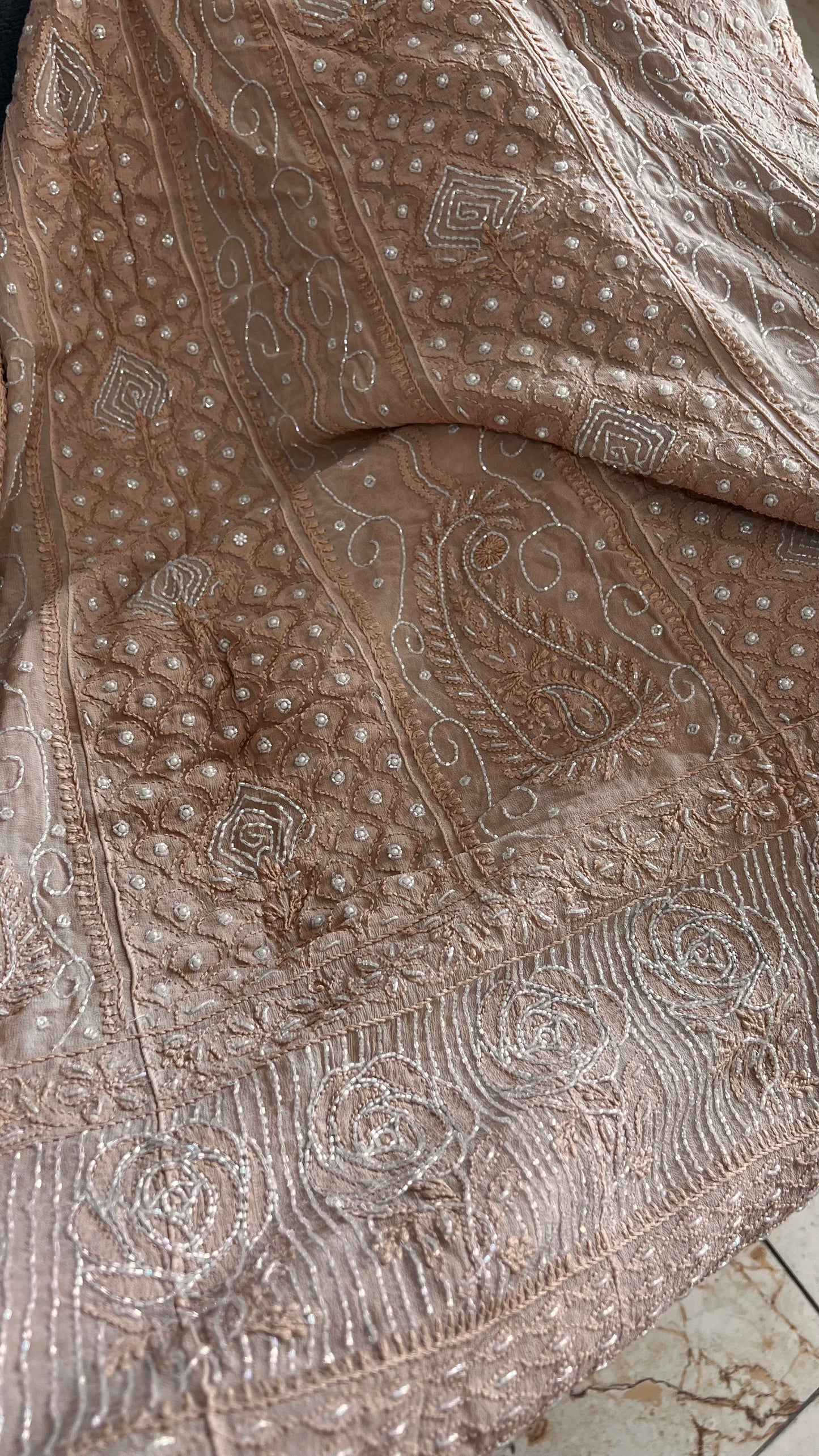 Beige Chikankari Pearl Cut Dana Sequins Embroidered Anarkali with Dupatta