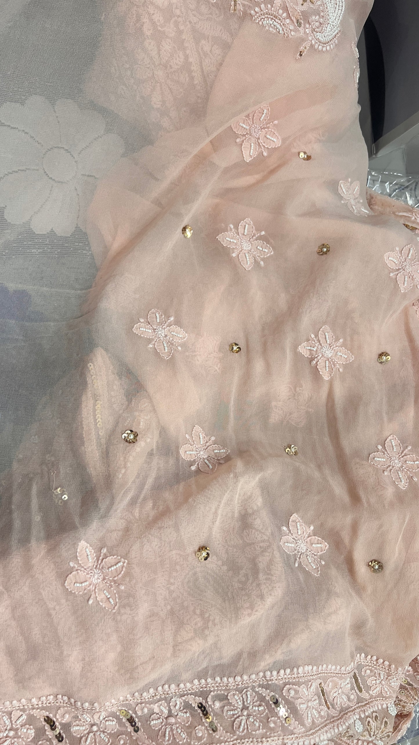 Ruhani Rose Gold Chikankari pearl and sequins wedding lehenga