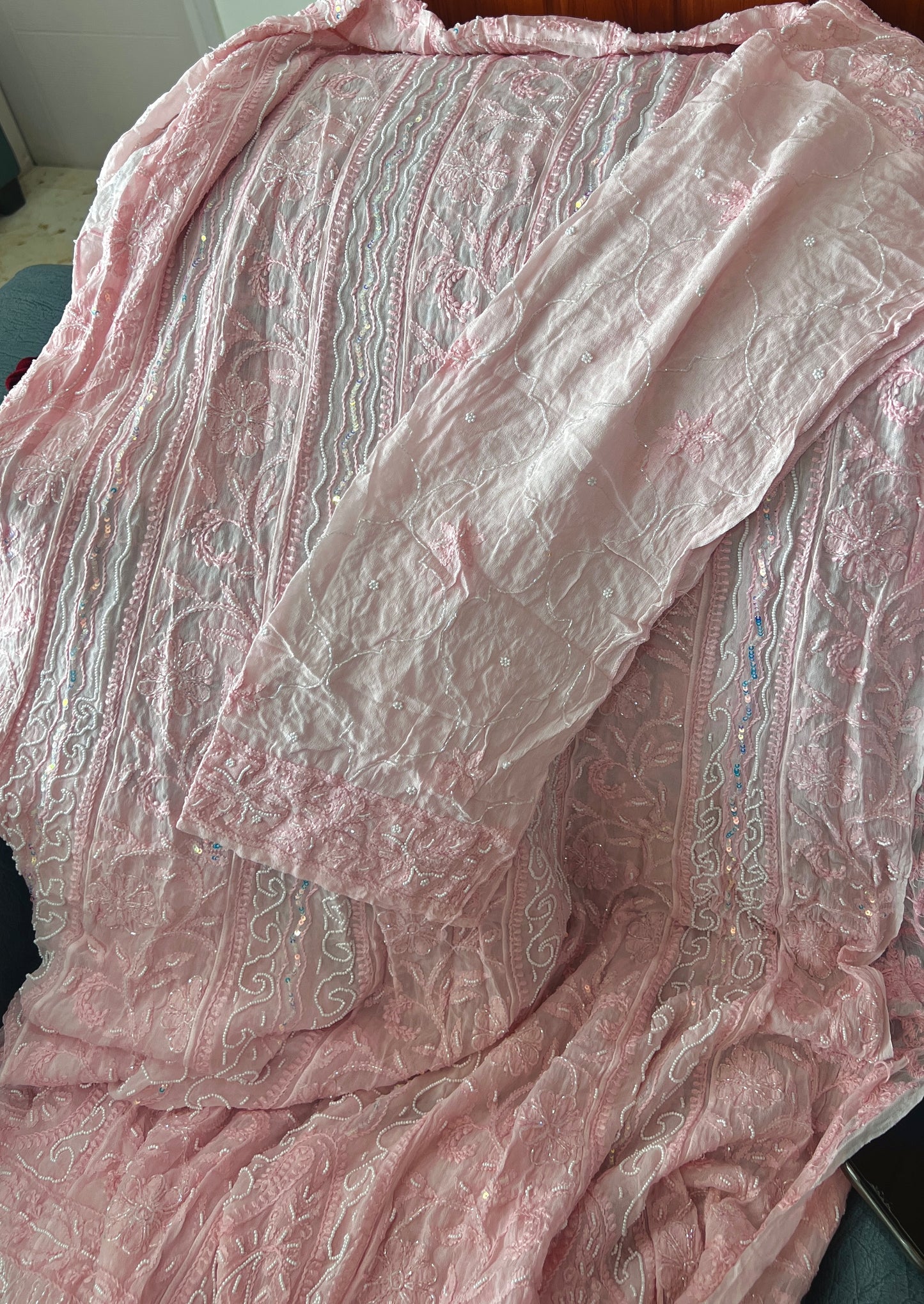 Baby Pink Chikankari Pearl Cut Dana Sequins Embroidered Anarkali with Dupatta