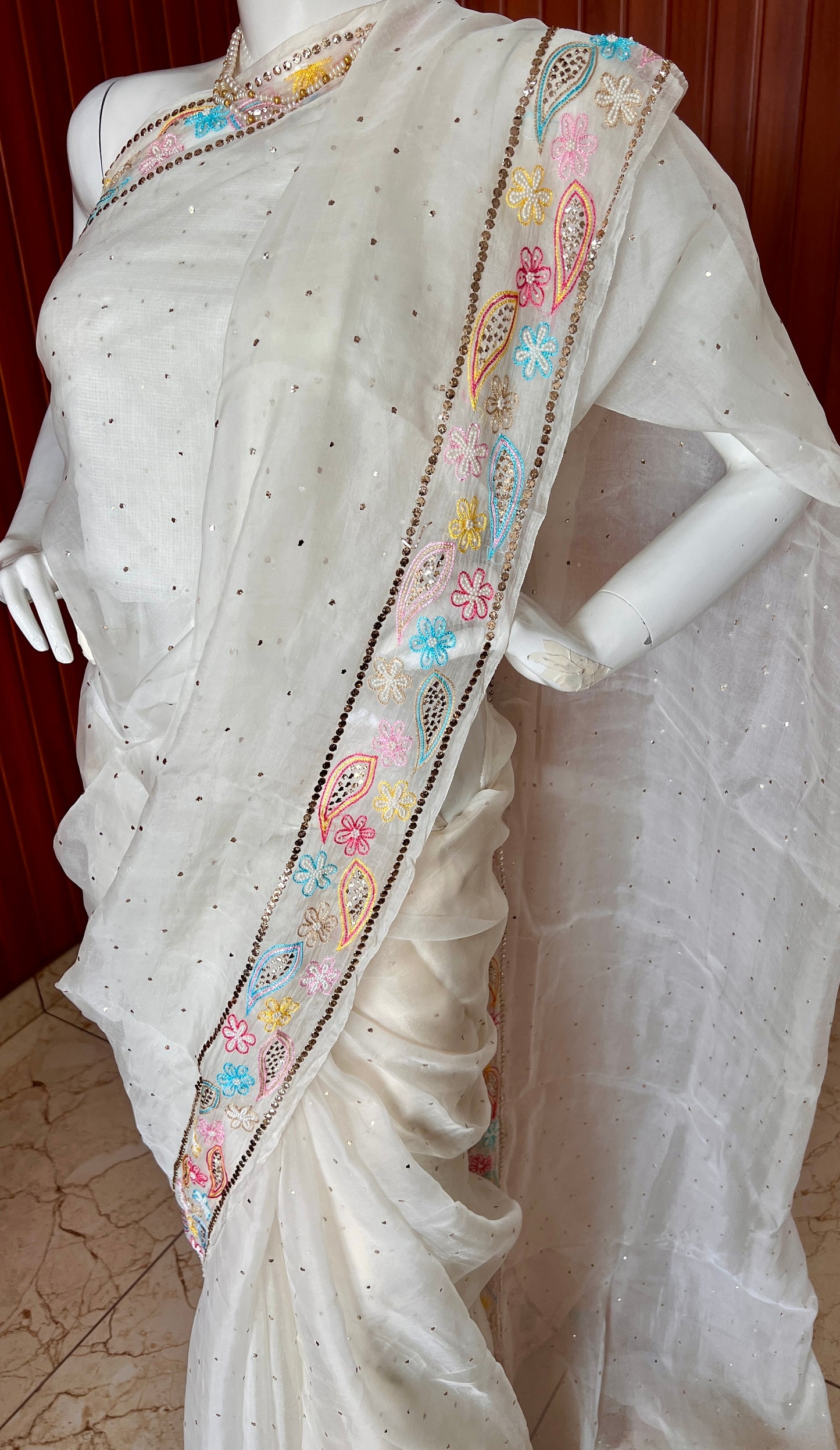 Ruhani Ivory Pure Organza Saree with Allover Mukaish and multicolored border