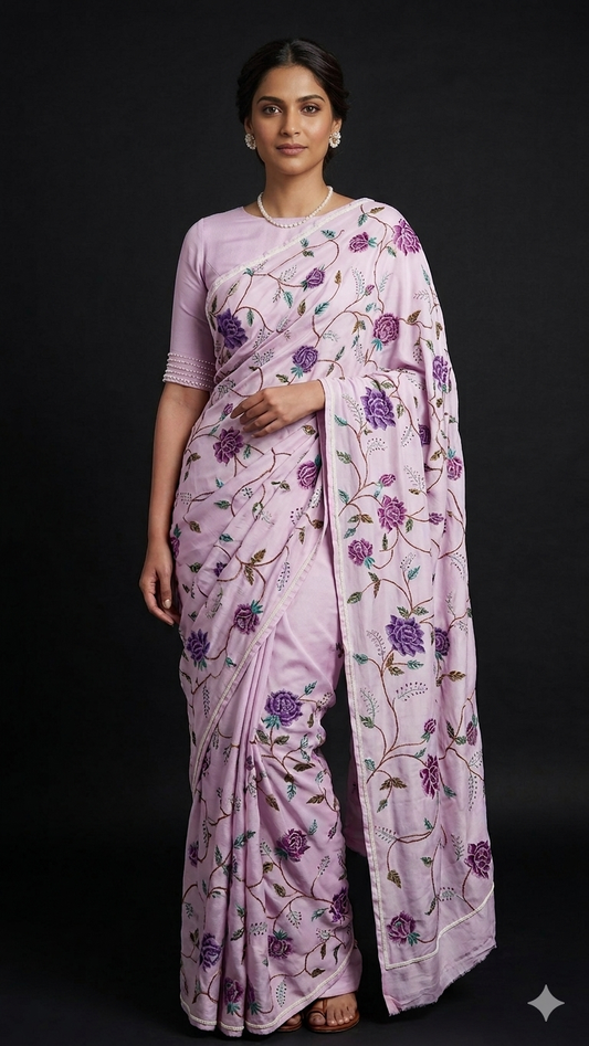 Lilac Pink Masterpiece Petit Point Hand Embroidered Saree