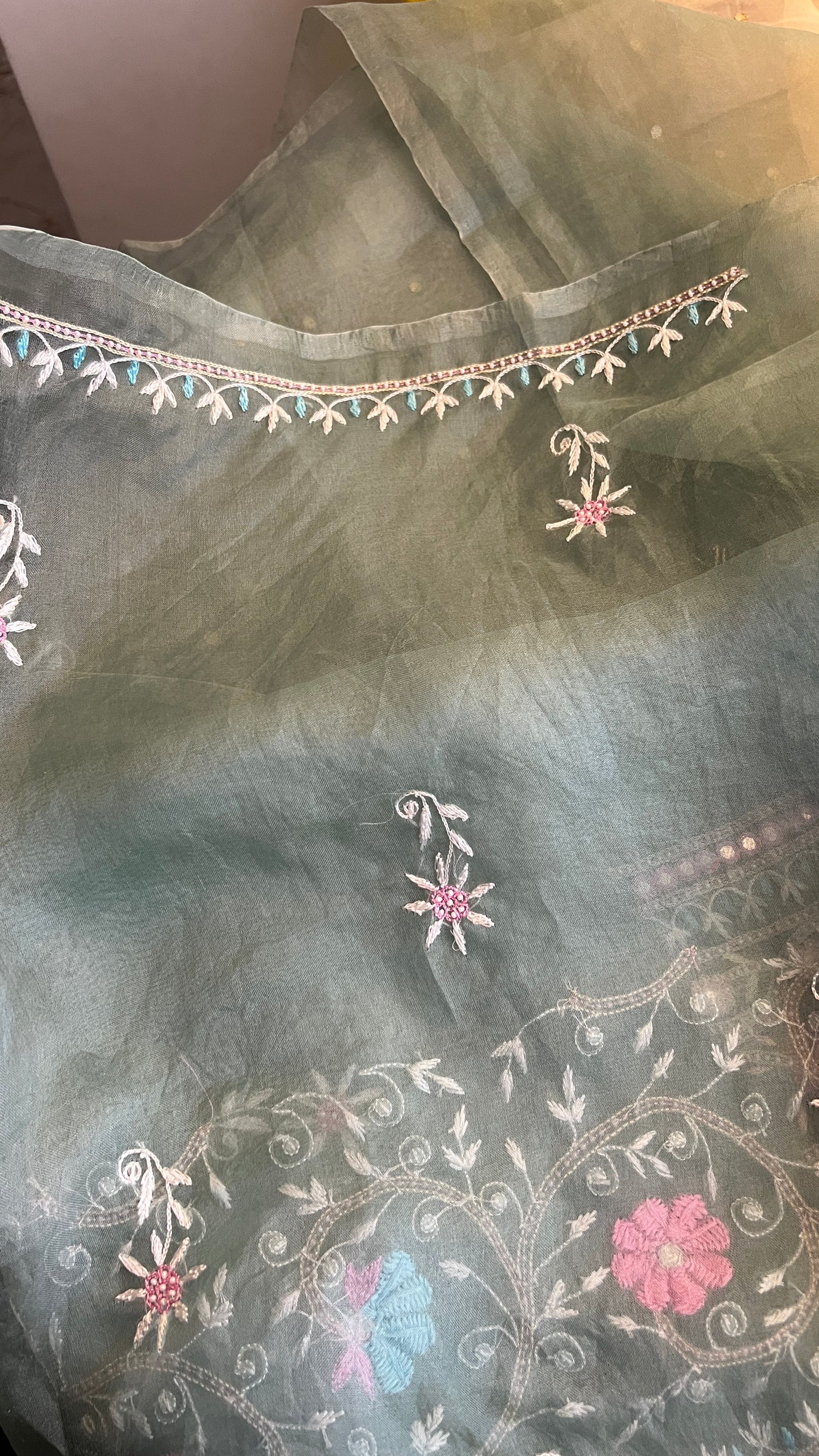 Ruhani Sage Green fine Chikankari pure Organza kurta with dupatta