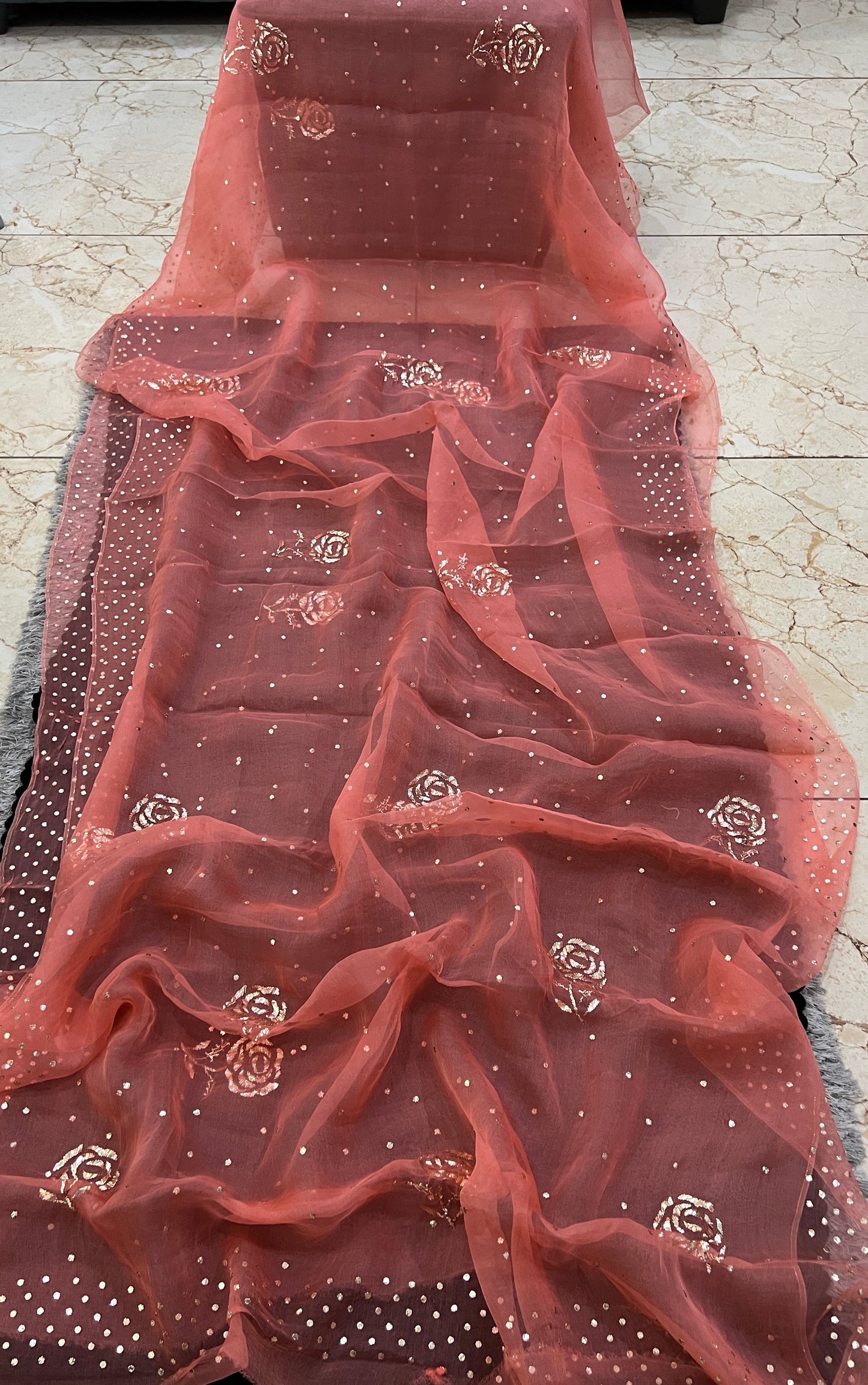 Coral Orange Pure Organza Saree with Badla and Mukaish Work