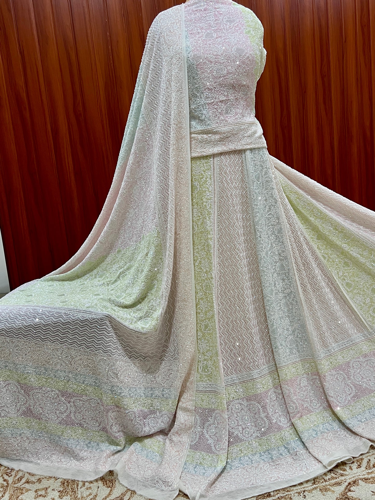 Suhaan Masterpiece Chikankari Lehenga with Multi Hued Cut Dana and sequins Work