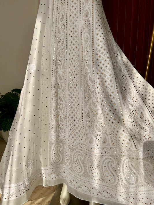 White allover Chikankari and mukaish anarkali with dupatta