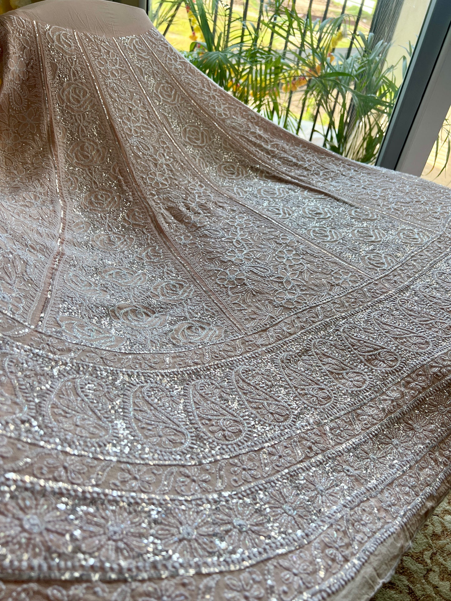 Masterpiece Ruhani Powder Peach Chikankari Sequins Cut Dana Wedding Lehenga