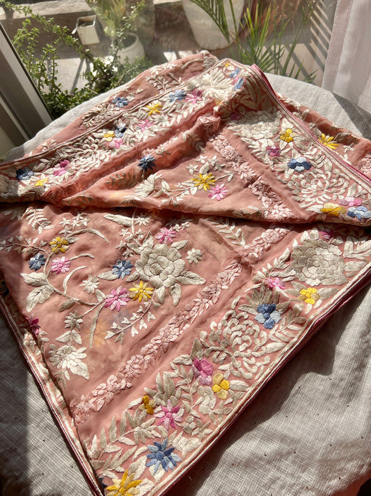 Blush Peach masterpiece Parsi Gara Dupatta Hand Embroidered