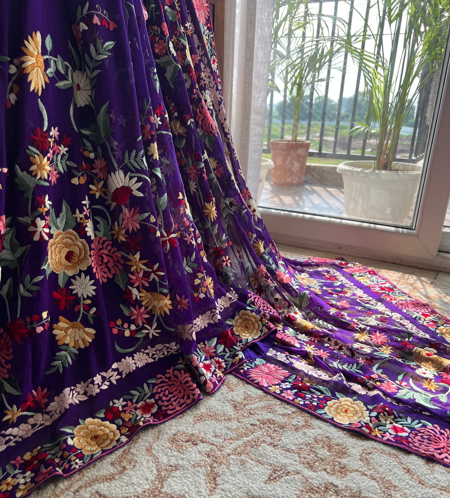 Aubergine purple floral Masterpiece Parsi Gara Pure Georgette Saree