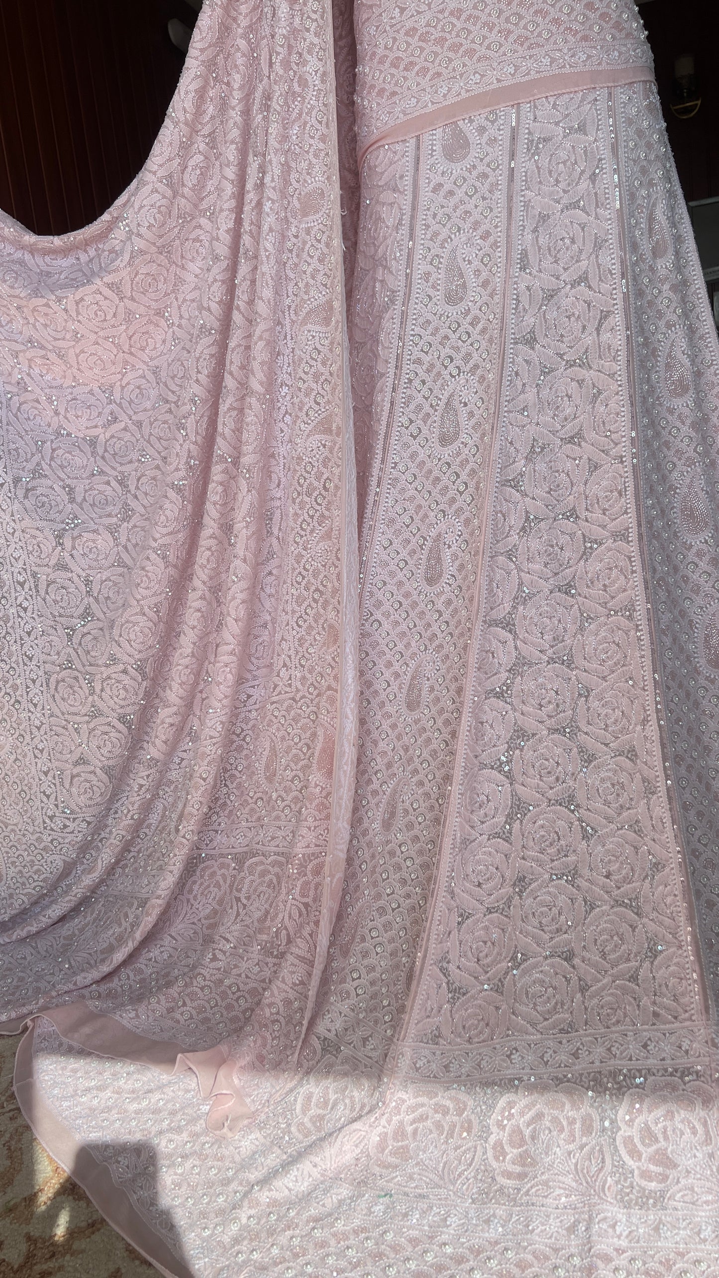Ruhani Powder Pink Chikankari Pearl Cut Dana Sequins Wedding Lehenga