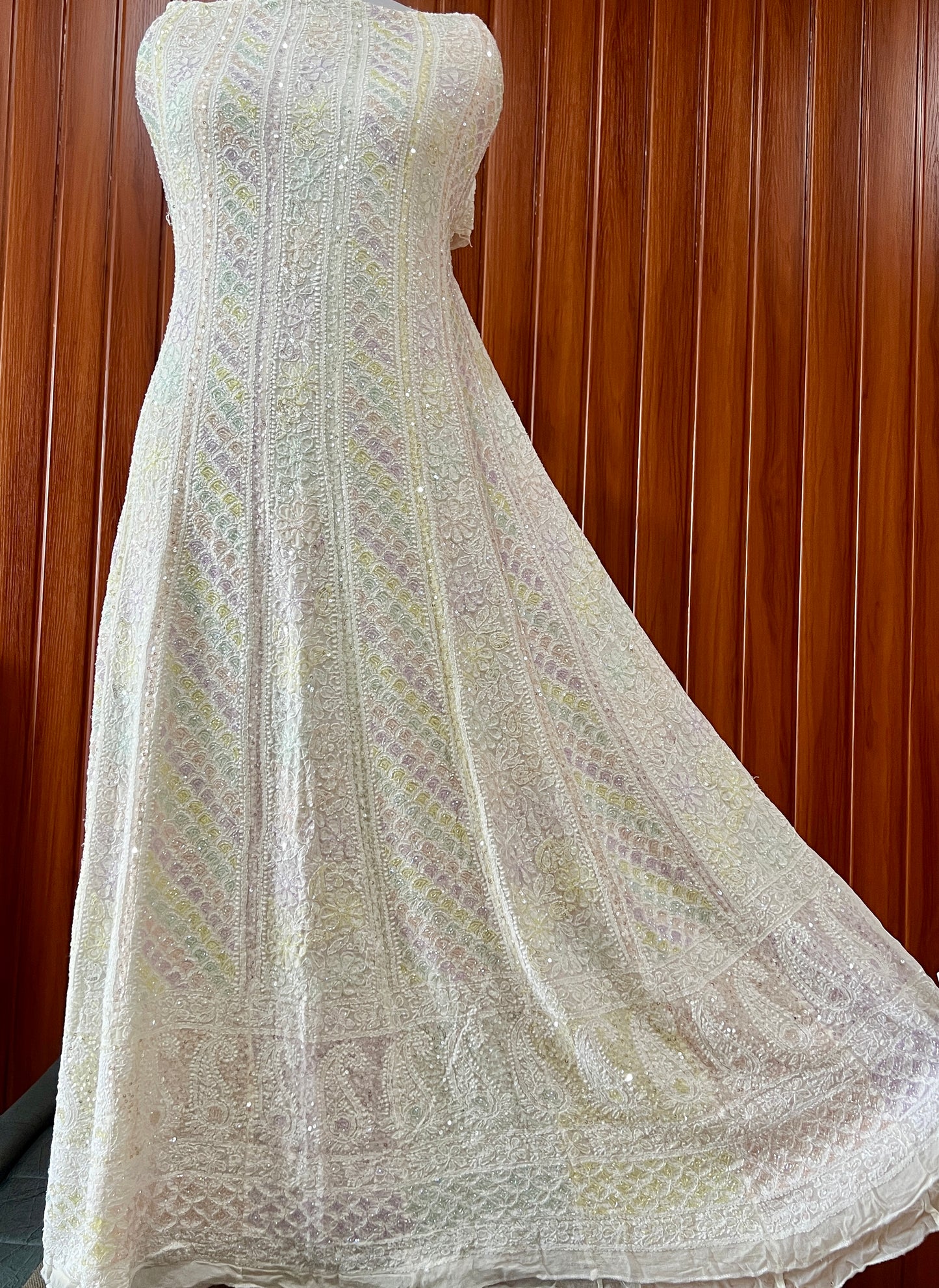 Ivory Chikankari multicolored Sequins and Cut Dana Anarkali
