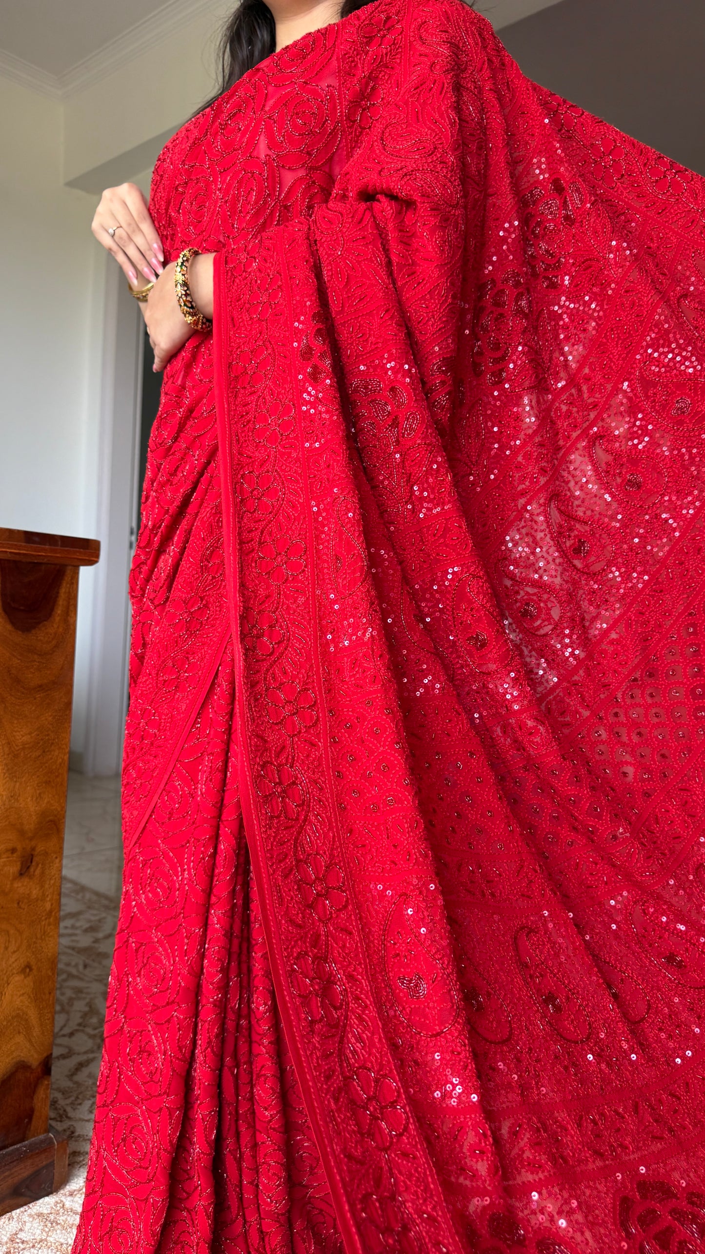 Surkh Laal Masterpiece Chikankari Cut Dana Sequins Saree