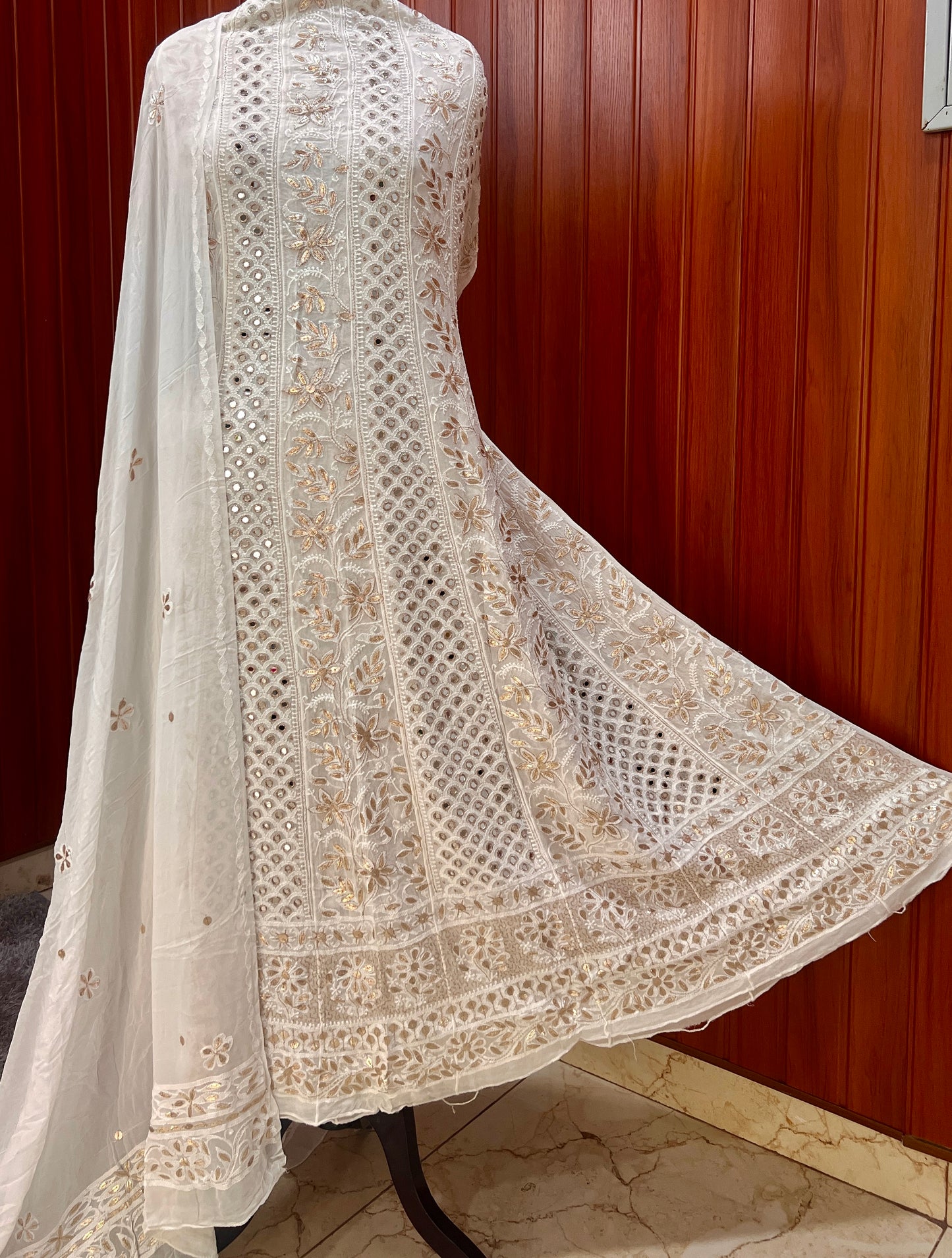 White Chikankari Mirror Gota Patti Anarkali with Dupatta