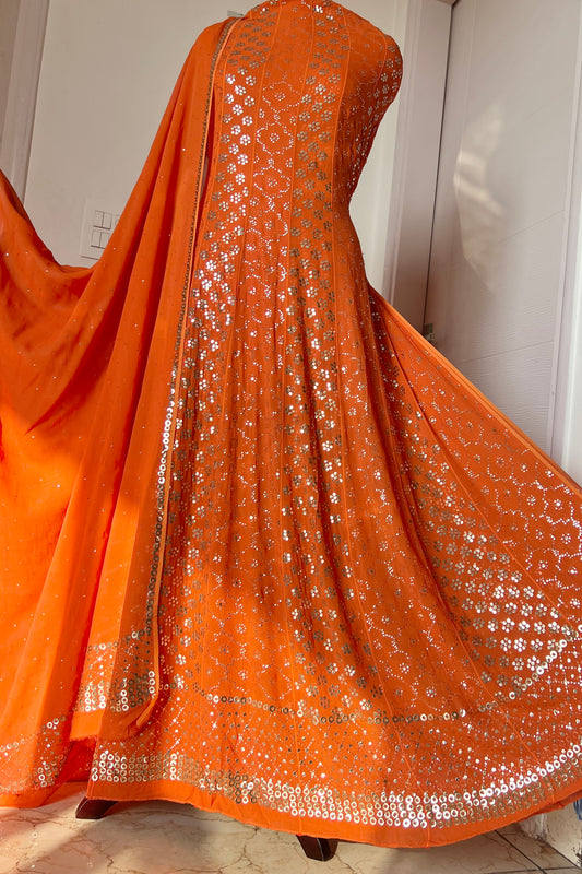 Orange heavy designer Mukaish Georgette Anarkali with Dupatta