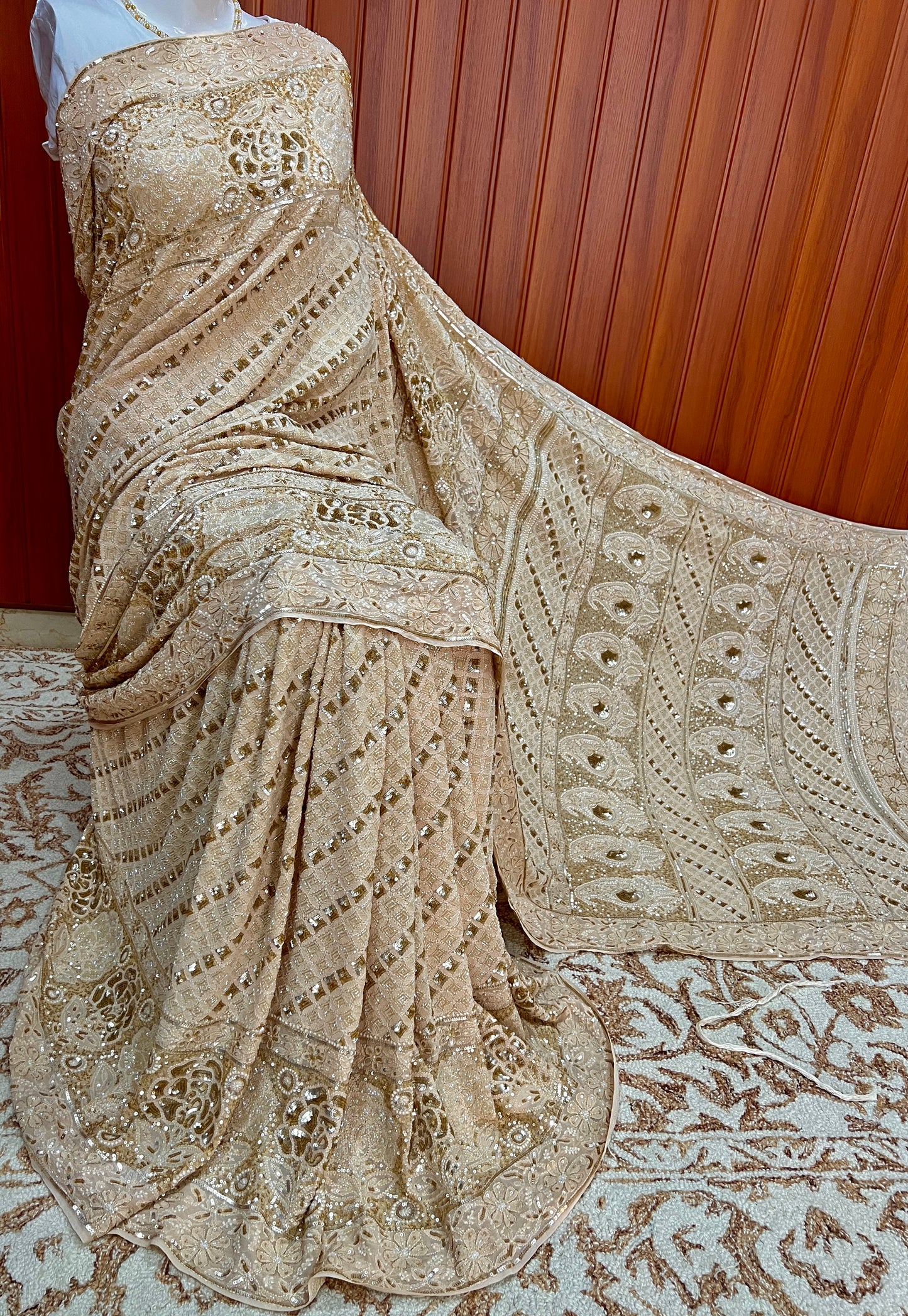 Ruhani Golden Beige Chikankari Sequins Cut Dana Embroidered Masterpiece Saree