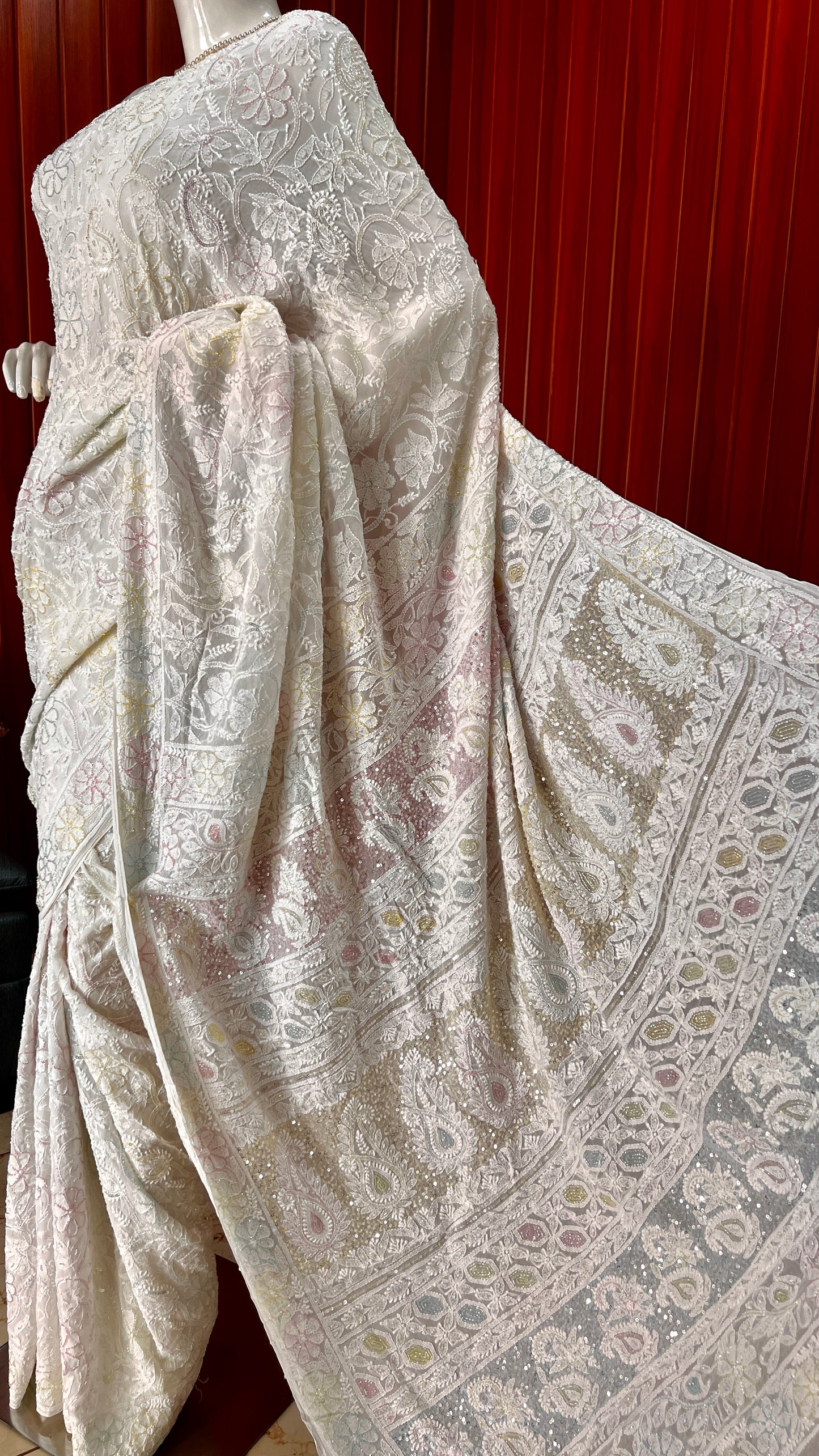 Ruhani White Chikankari and Multicolored Cut Dana Sequins Saree