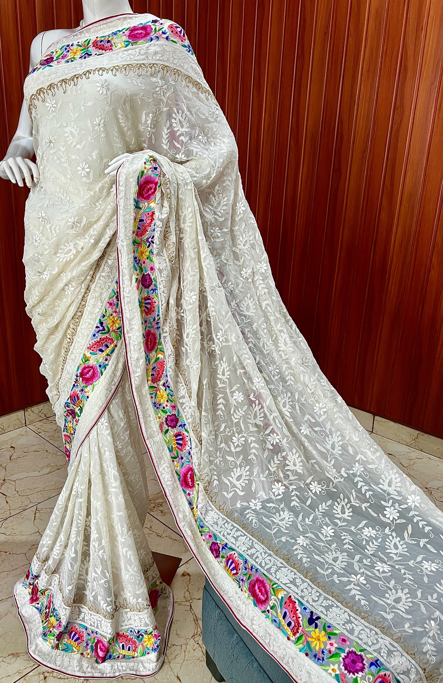 Ivory Pure Georgette saree with allover shadow work and masterpiece parsi gara border