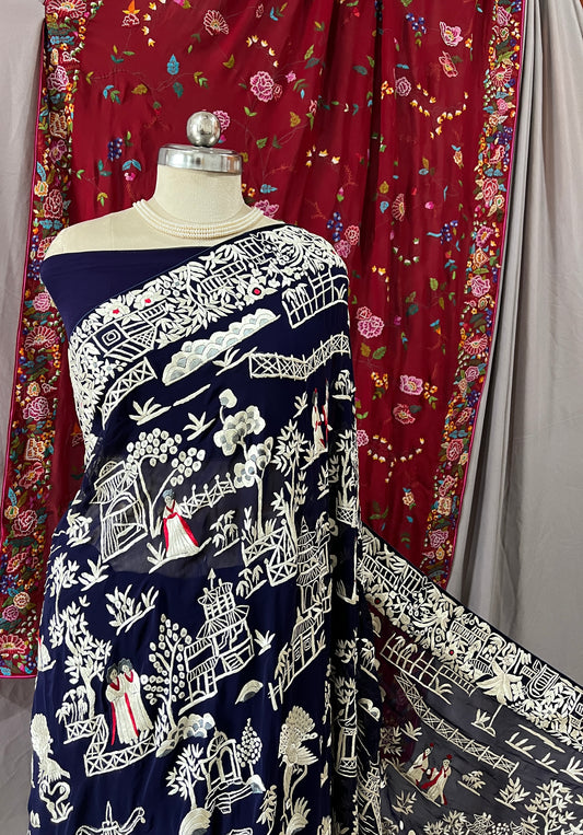 Navy Blue Masterpiece Chinese pattern Parsi Gara Pure Georgette Saree
