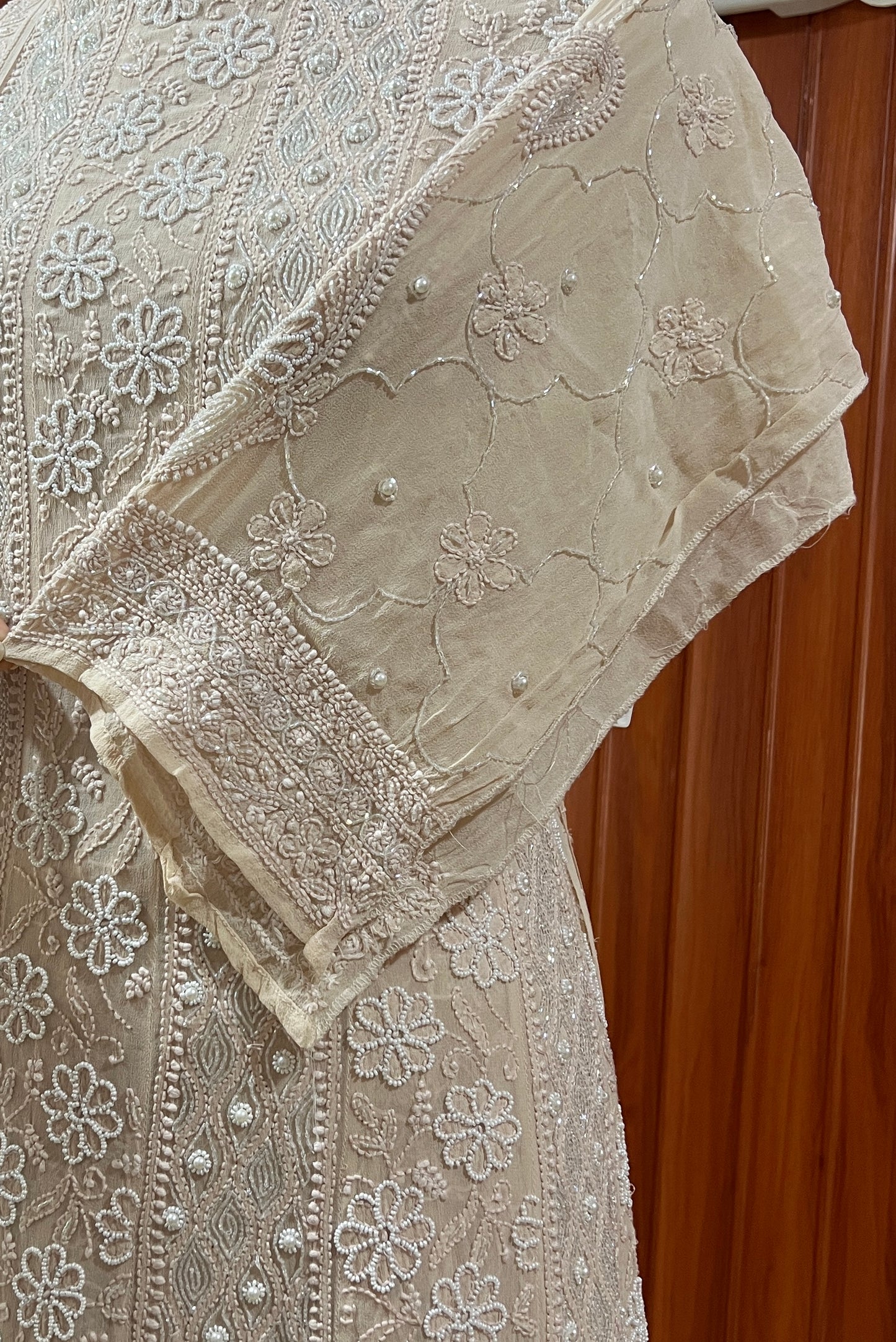 Beige fine Chikankari Pearl Sequins and Cut Dana Anarkali