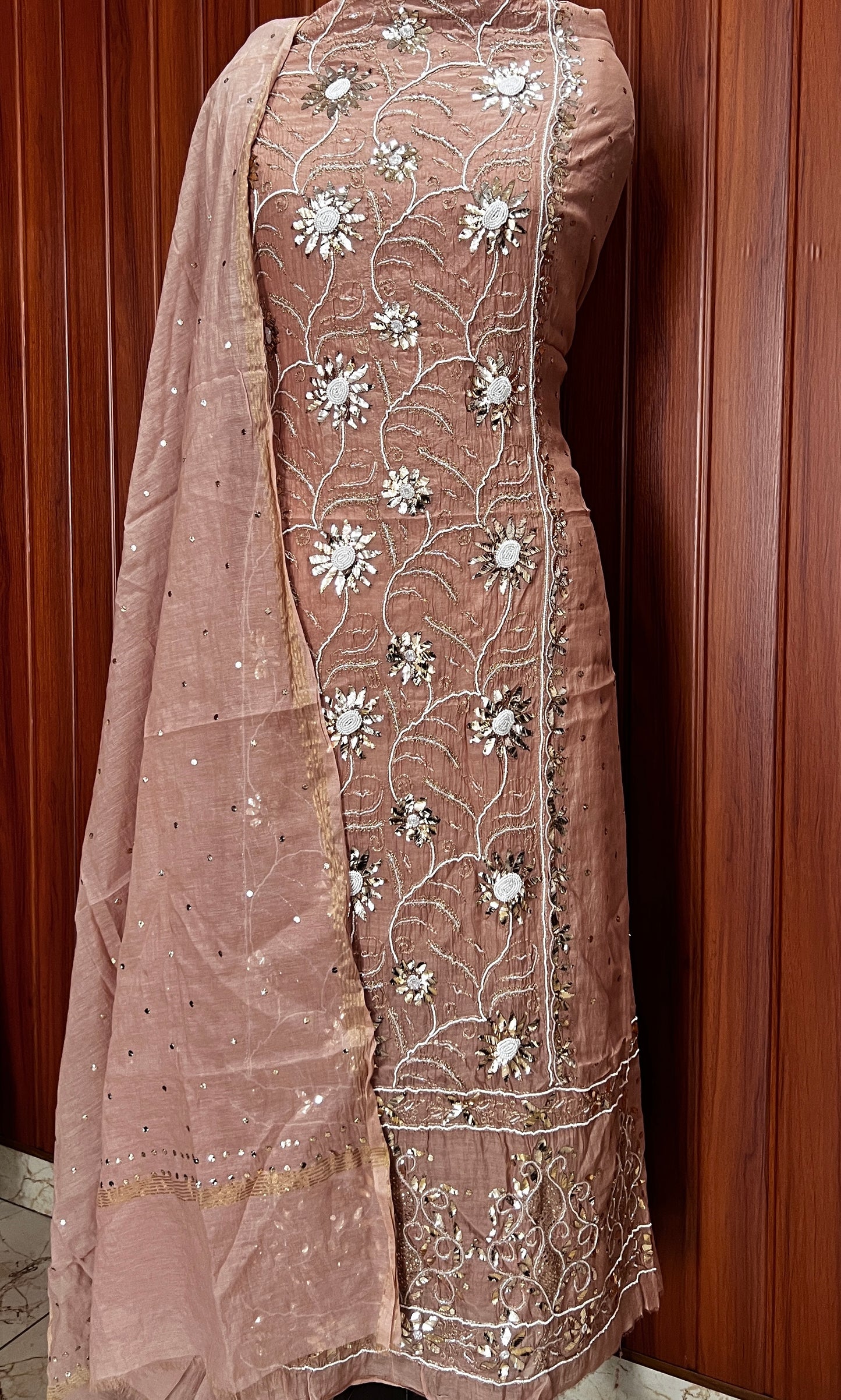 Cocoa brown Badla Mukaish and pearl work mulmul kurta with dupatta