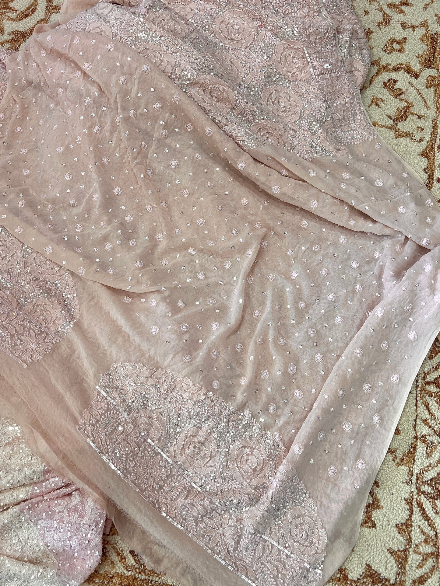 Gulaab Dusty Pink Masterpiece Chikankari Sequins and Cut Dana Saree