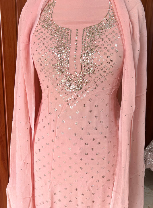 Coral peach badla and mukaish work Kurta and Dupatta