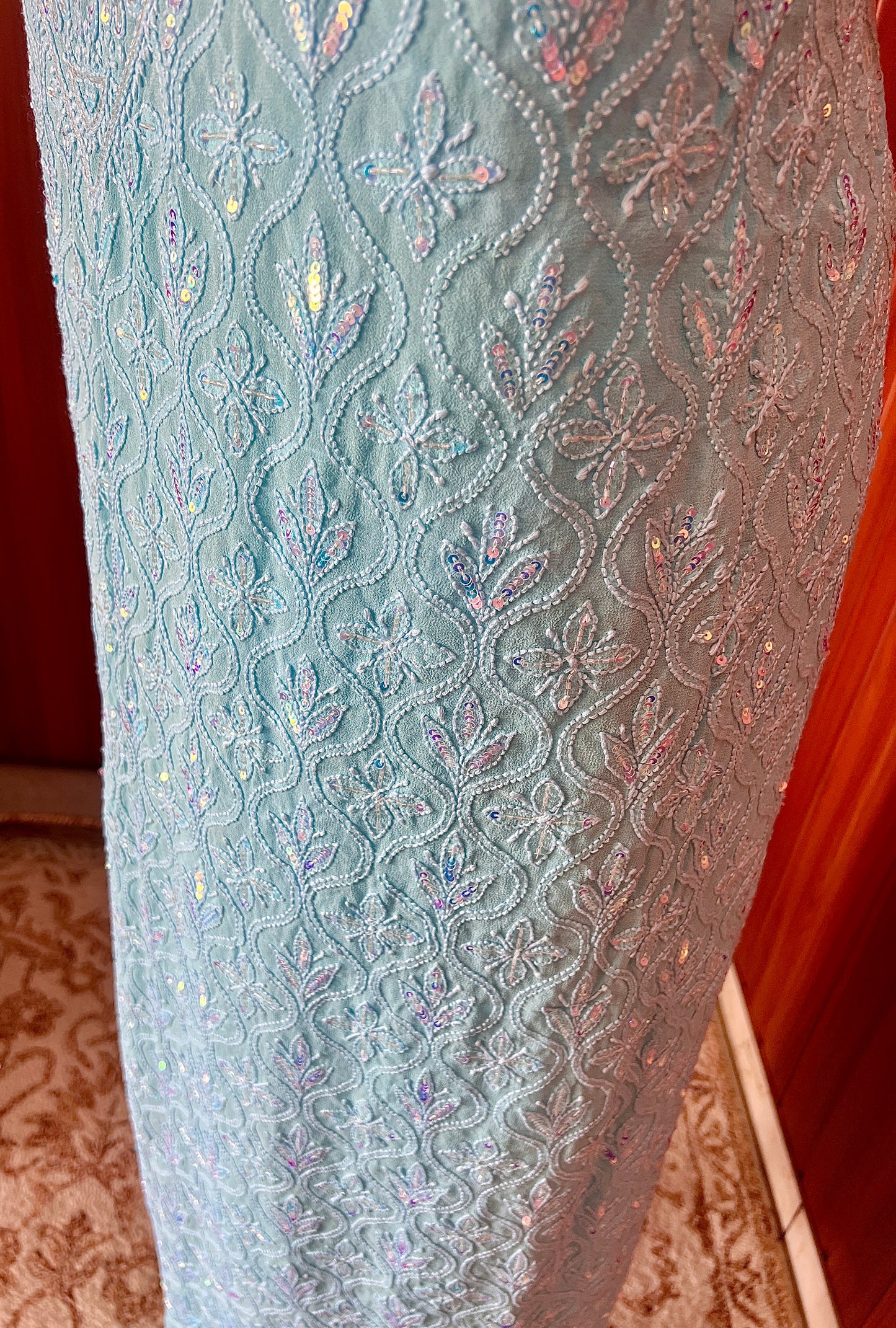 Firozi Pure Georgette Allover Chikankari and Cut dana sequins Men's Kurta Fabric