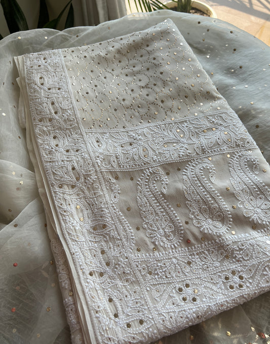 Ruhani Ivory Allover Designer Mukaish and Chikankari Saree
