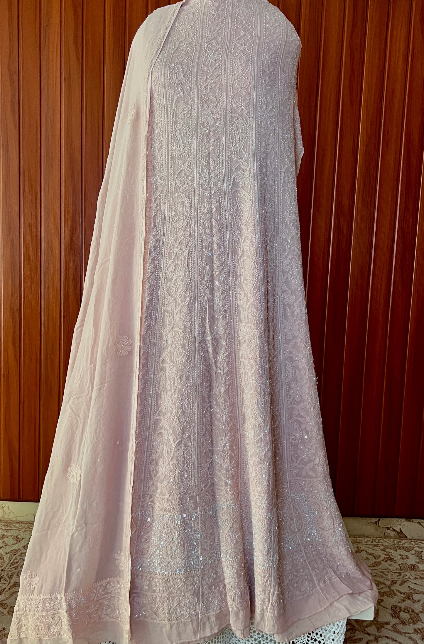Dusty pink Chikankari and Cut Dana Embroidered Anarkali with Dupatta