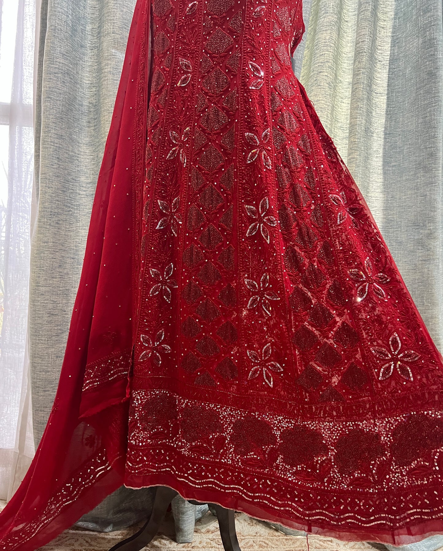 Reddish Maroon Chikankari Sequins and Cut Dana Anarkali