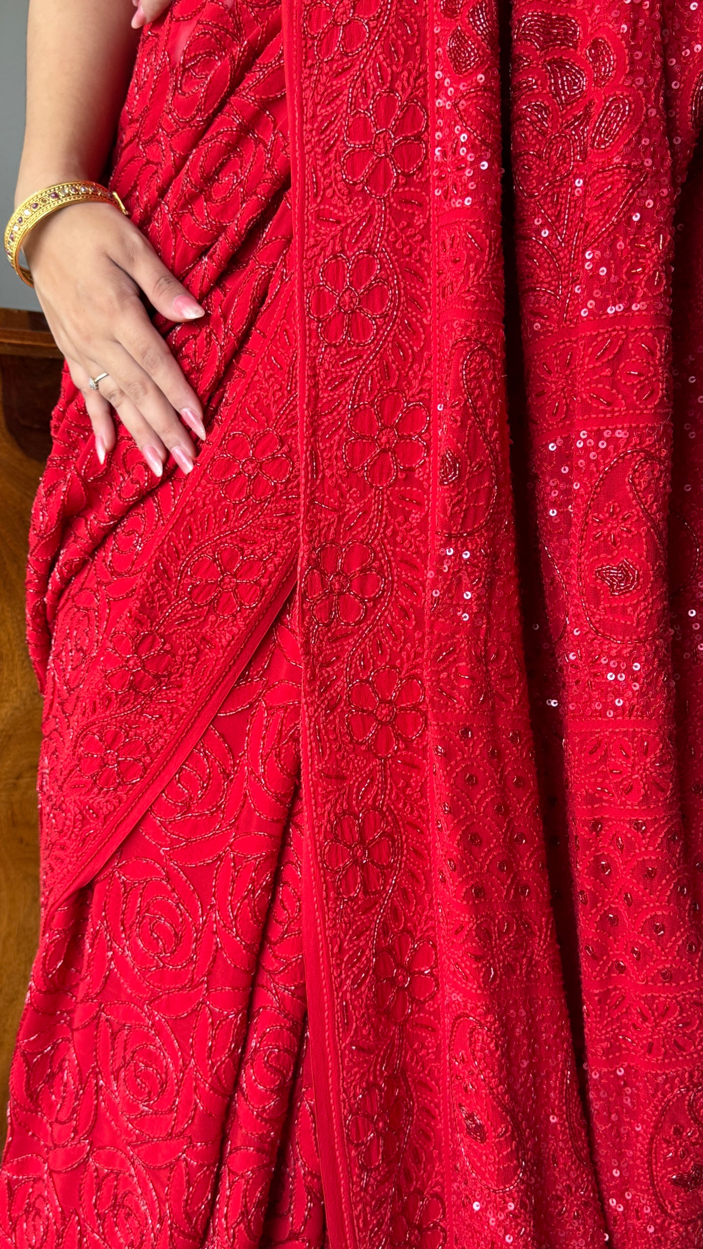 Surkh Laal Masterpiece Chikankari Cut Dana Sequins Saree