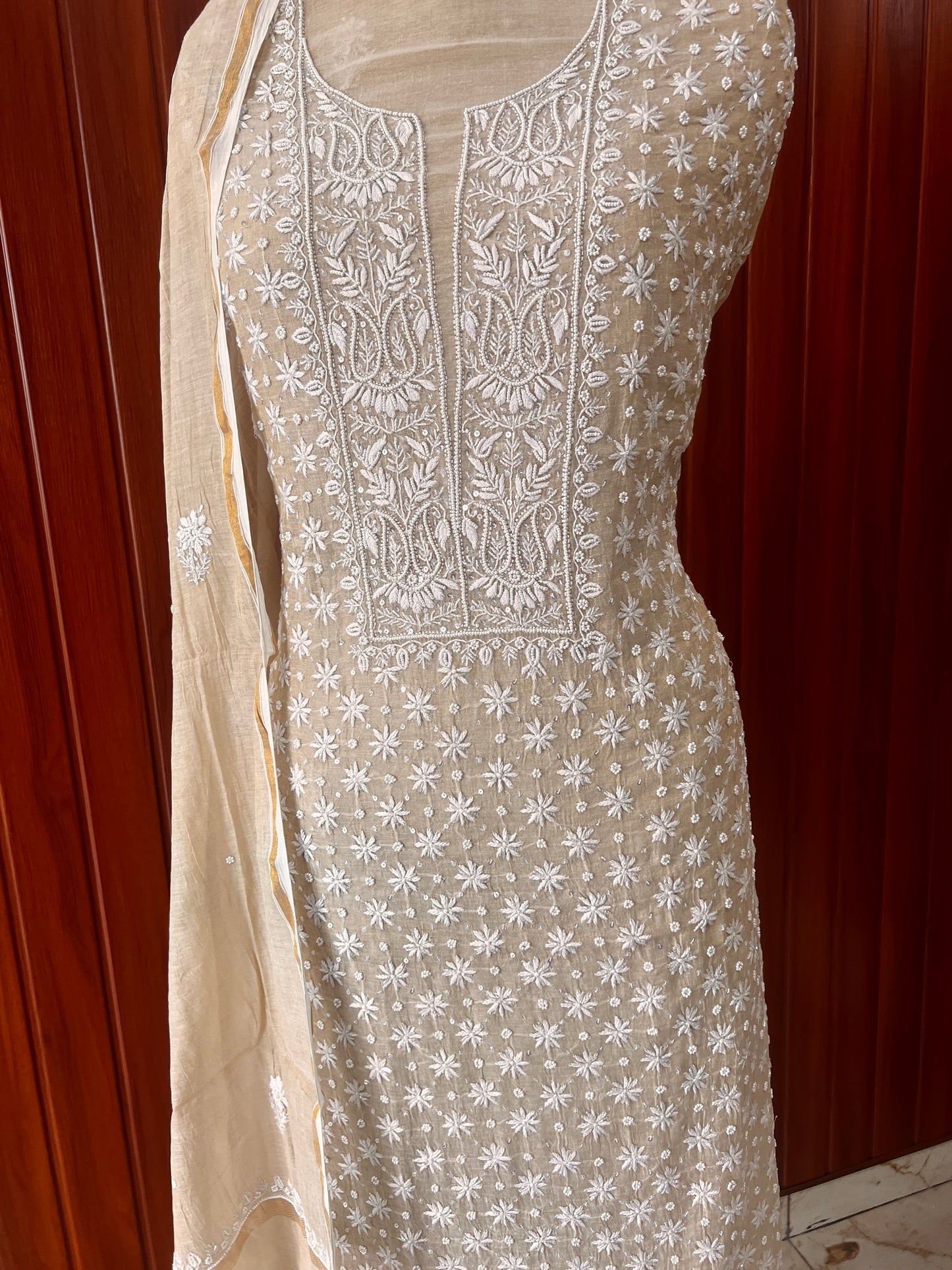 Pure Tissue Chikankari and pearl embroidered kurta and dupatta