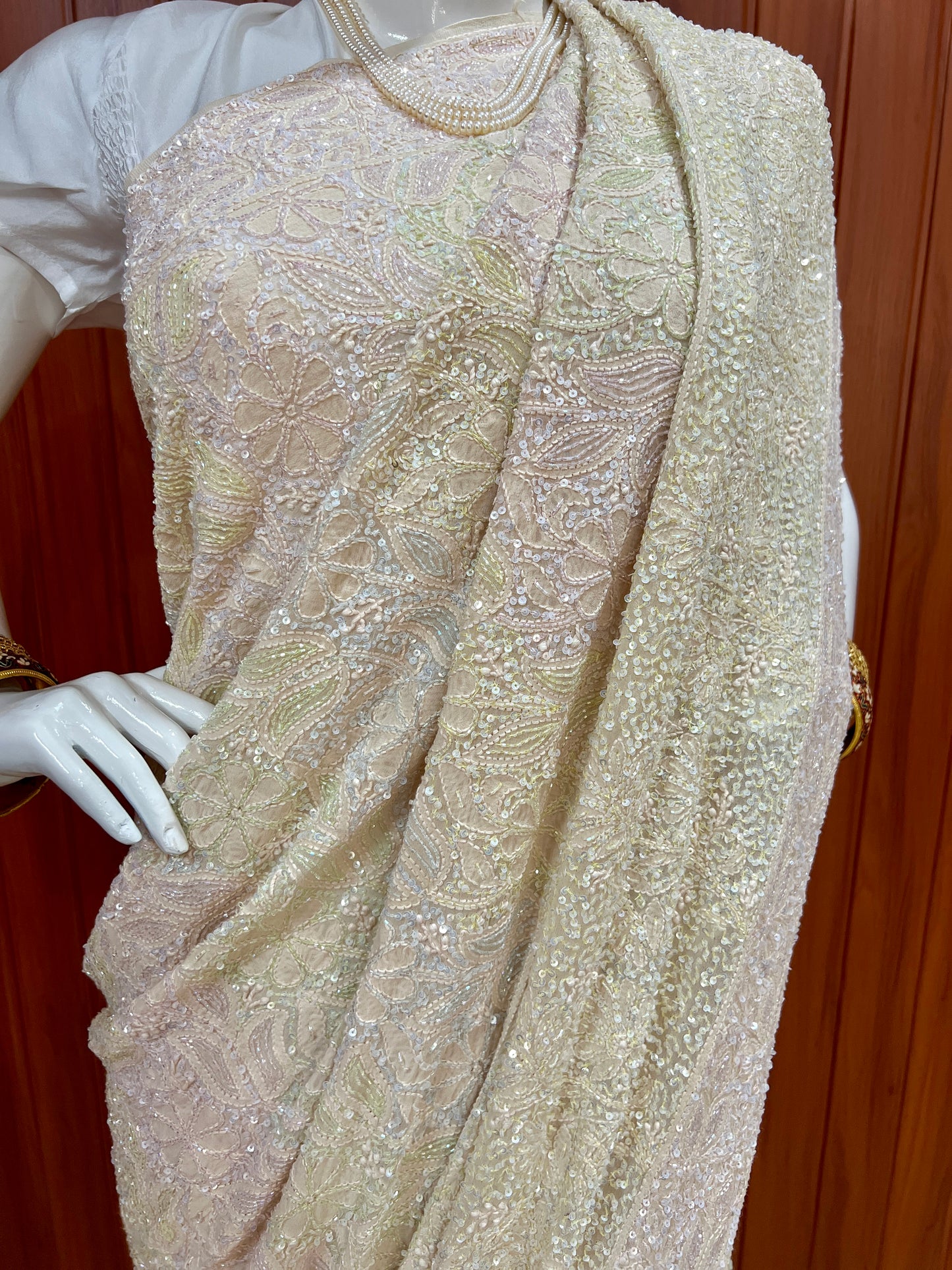 Ruhani Champagne Masterpiece Chikankari and Multicolored Cut Dana Saree